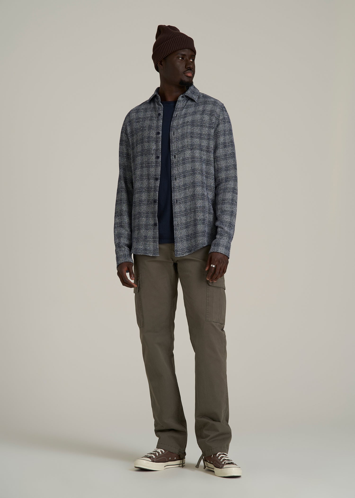 Lightweight Woven Overshirt for Tall Men in Navy Textured Grid