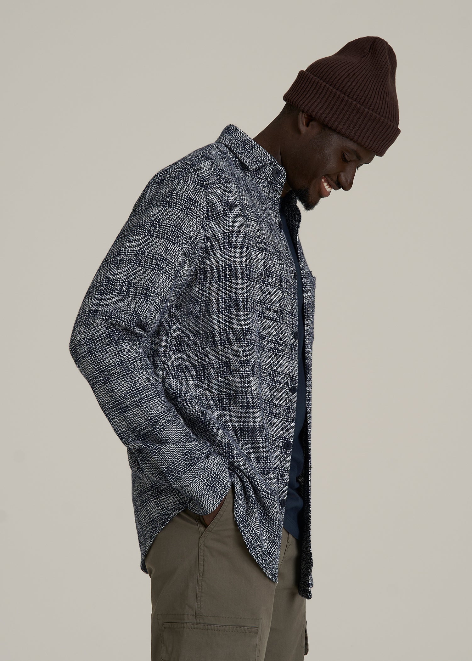 Lightweight Woven Overshirt for Tall Men in Navy Textured Grid