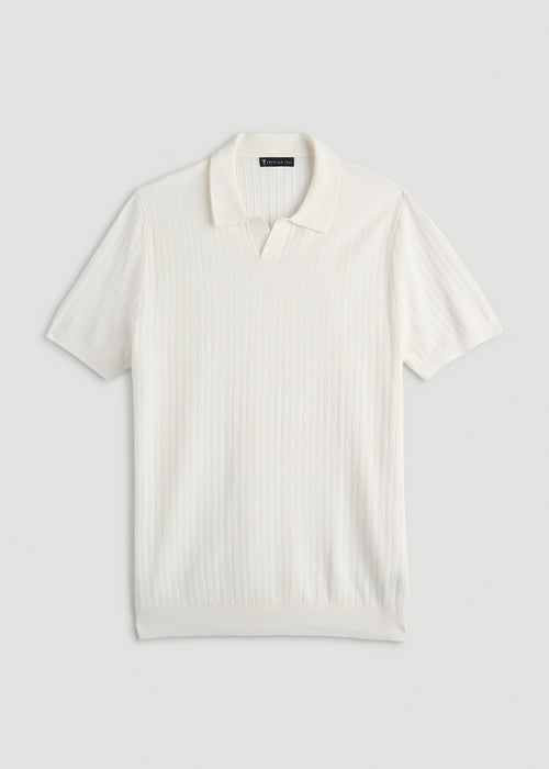 Linen Blend Ribbed Knit Polo Shirt for Tall Men in Ecru