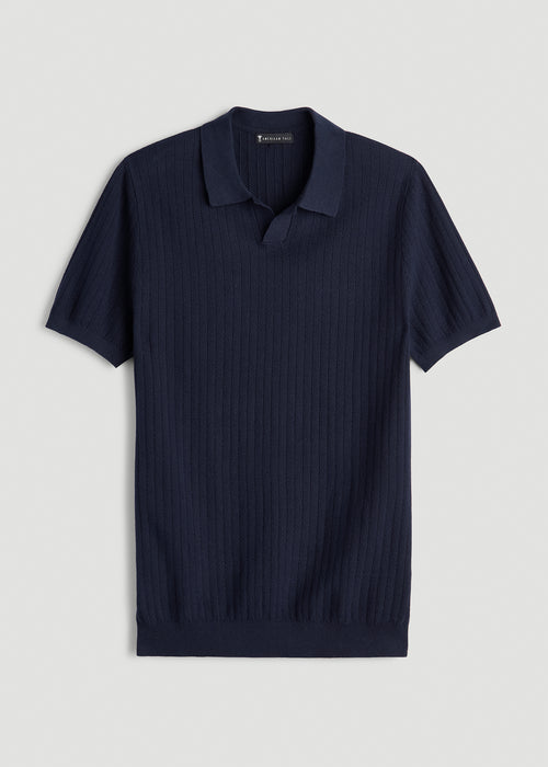 Linen Blend Ribbed Knit Polo Shirt for Tall Men in Evening Blue
