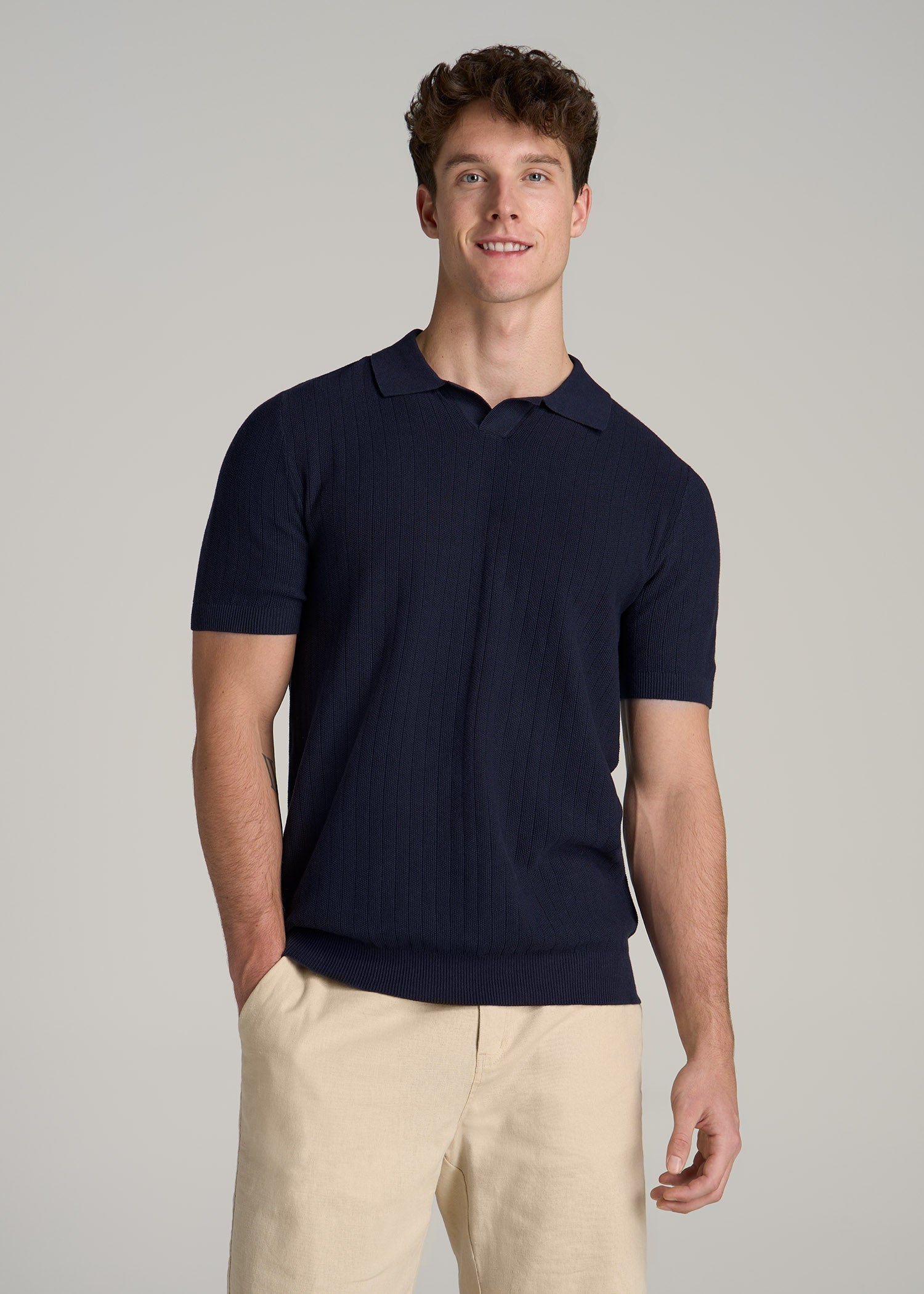 Linen Blend Ribbed Knit Polo Shirt for Tall Men in Evening Blue