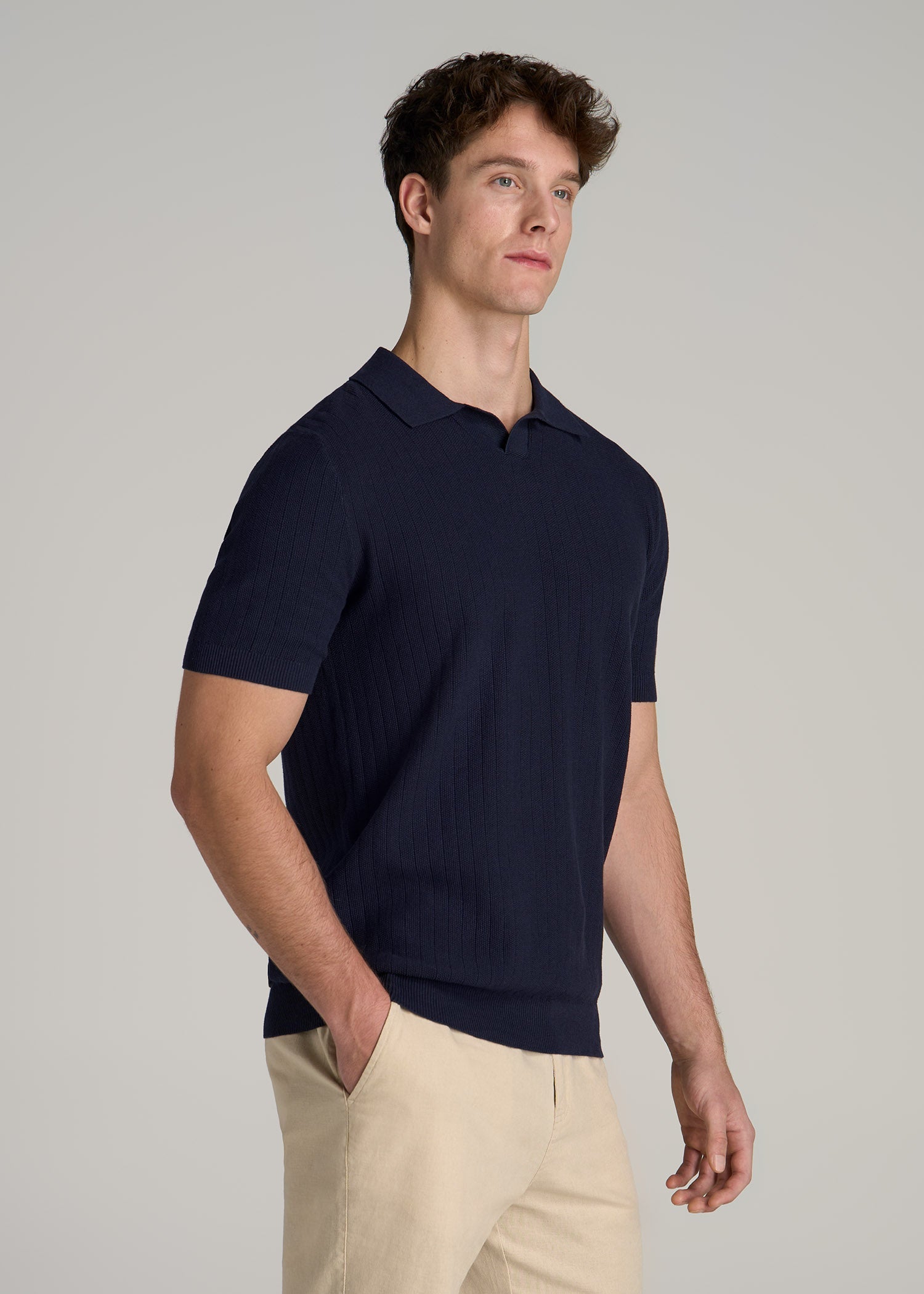 Linen Blend Ribbed Knit Polo Shirt for Tall Men in Evening Blue