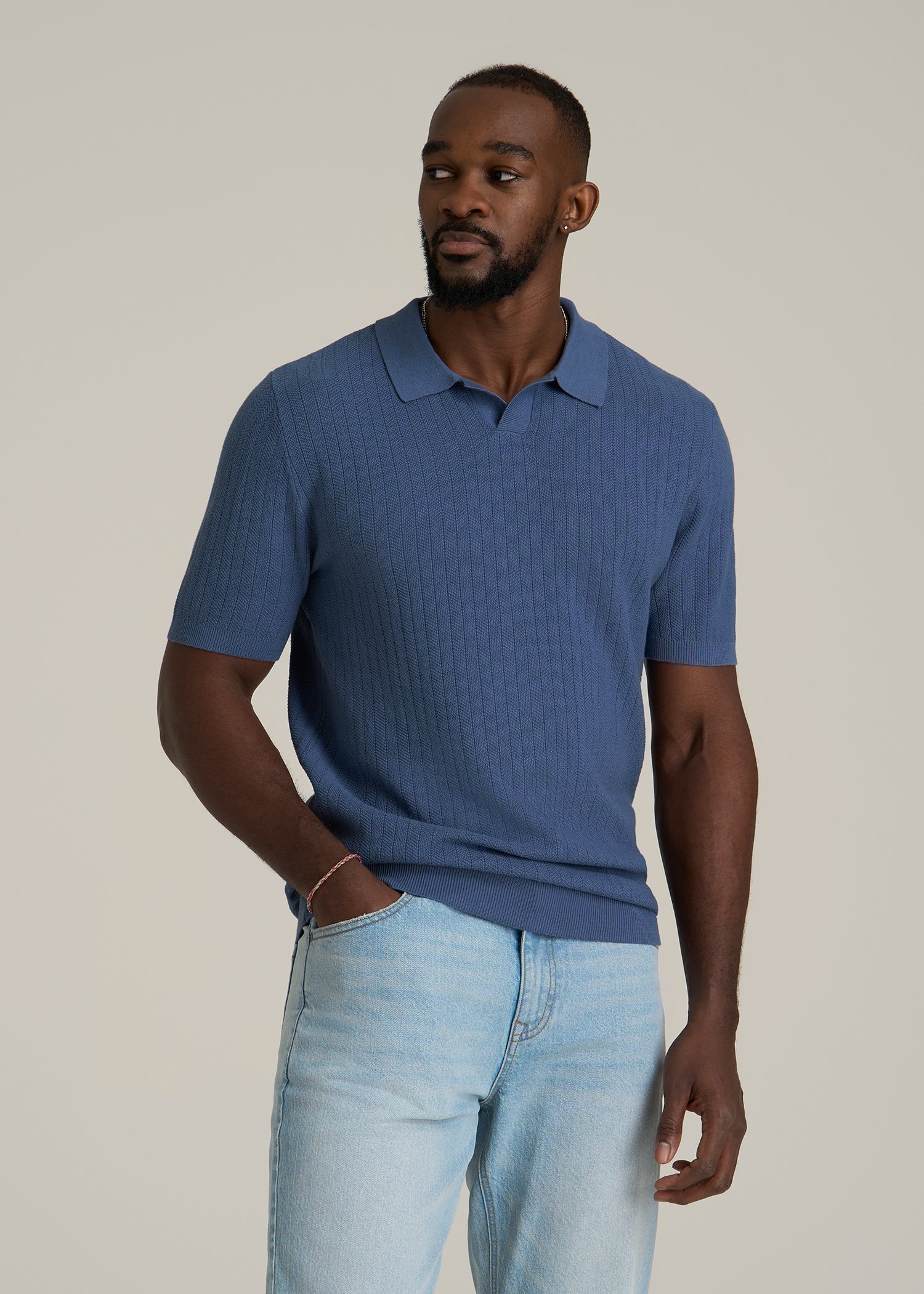 Linen Blend Ribbed Knit Polo Shirt for Tall Men in Steel Blue