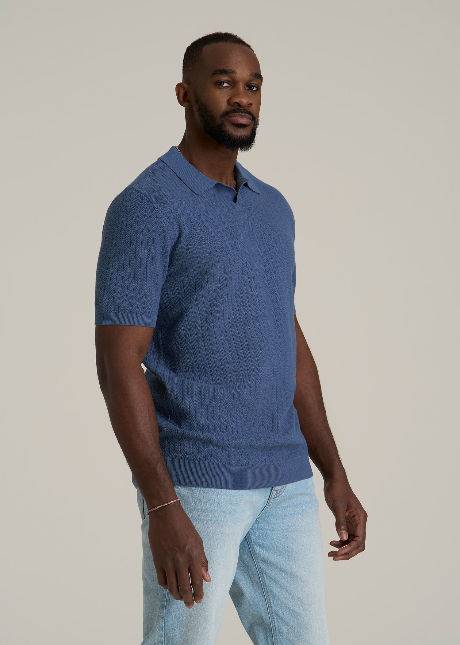 Linen Blend Ribbed Knit Polo Shirt for Tall Men in Steel Blue