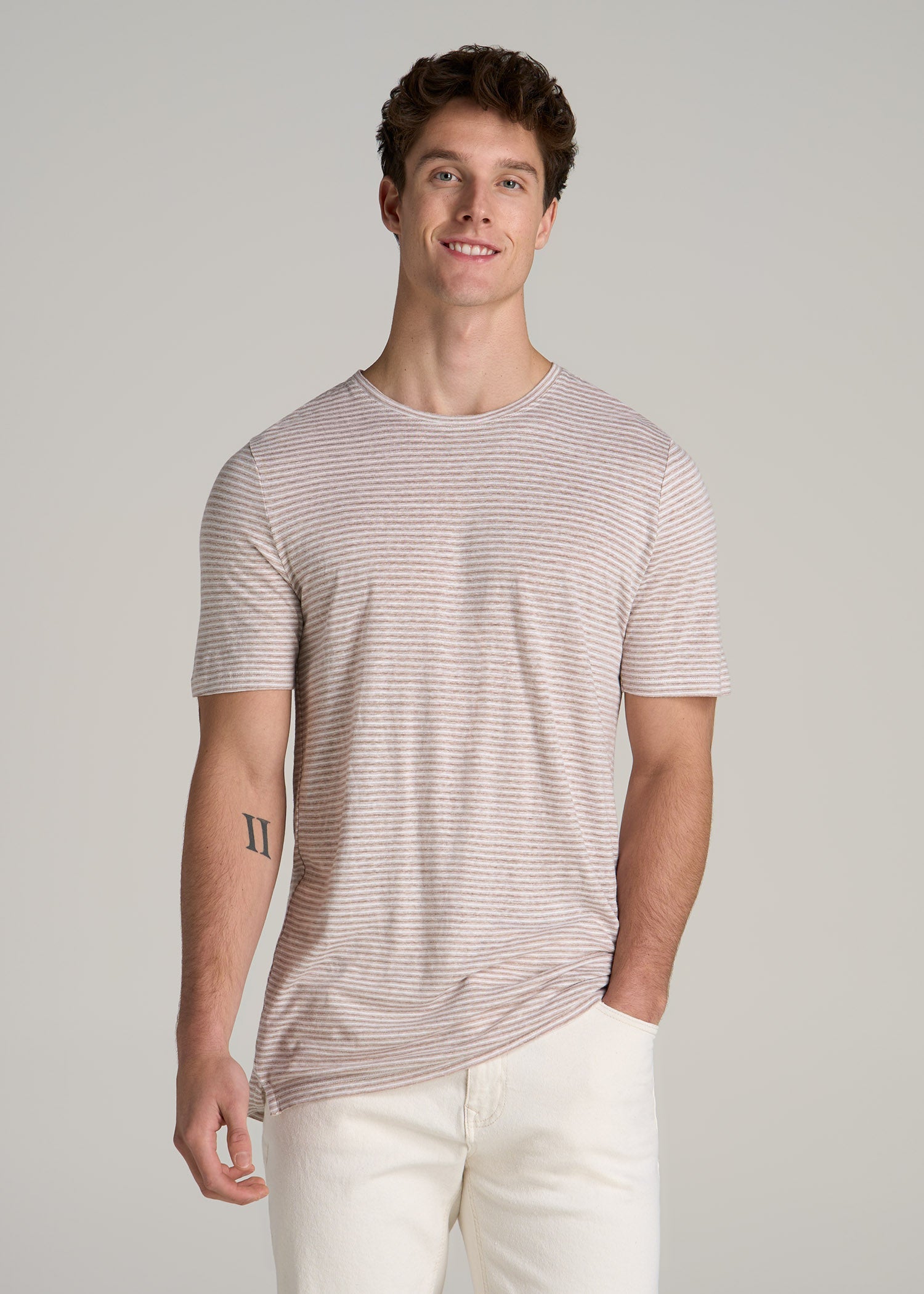 Linen Crewneck T-Shirt for Tall Men in Beige and White Stripe
