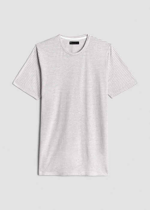 Linen Crewneck T-Shirt for Tall Men in Grey and White Mini Stripe