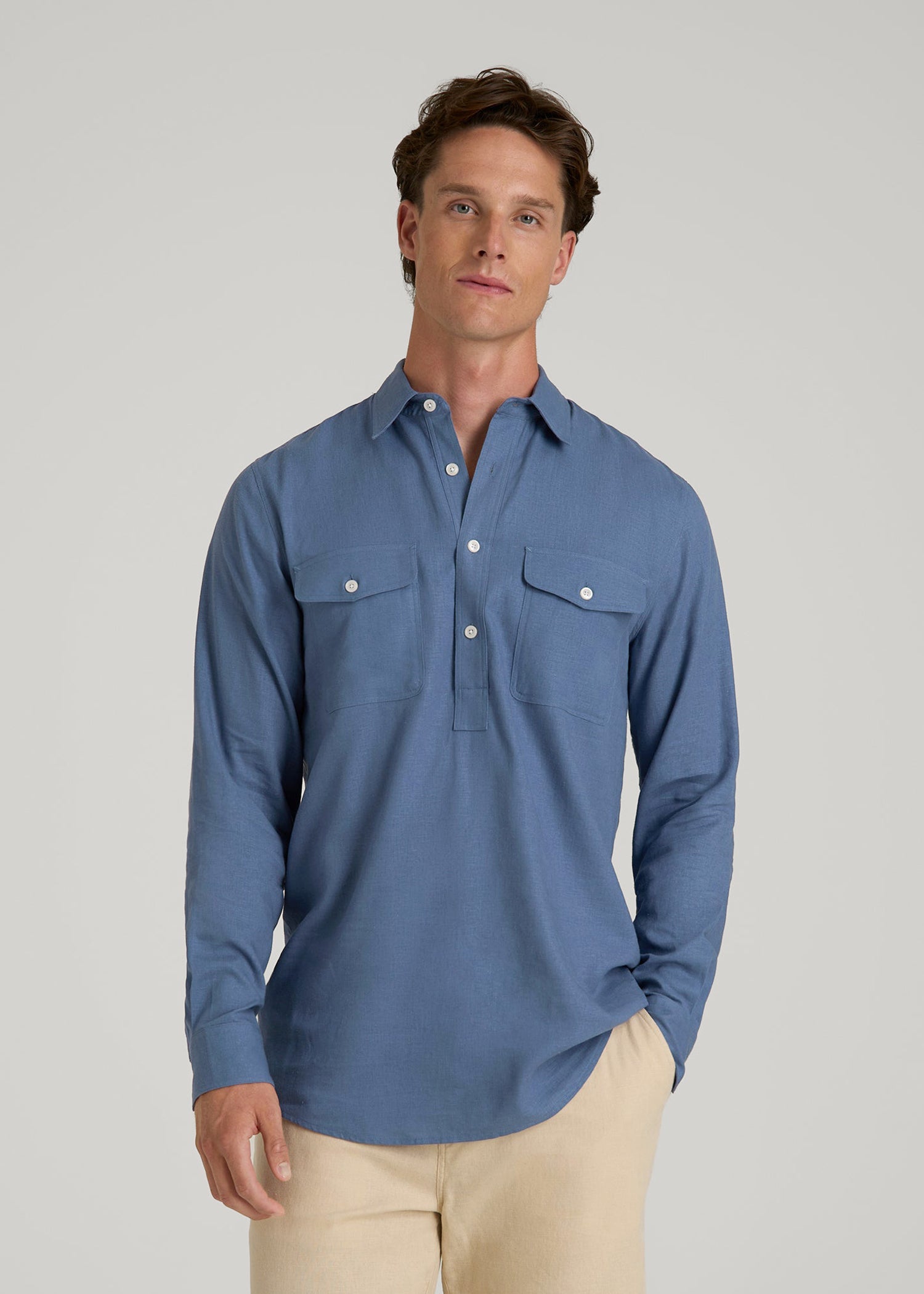 mens popover dress shirt Perry Ellis Men's Linen Popover Shirt in Sea Pine/green, Size Medium, Solid, Regular Long Sleeves