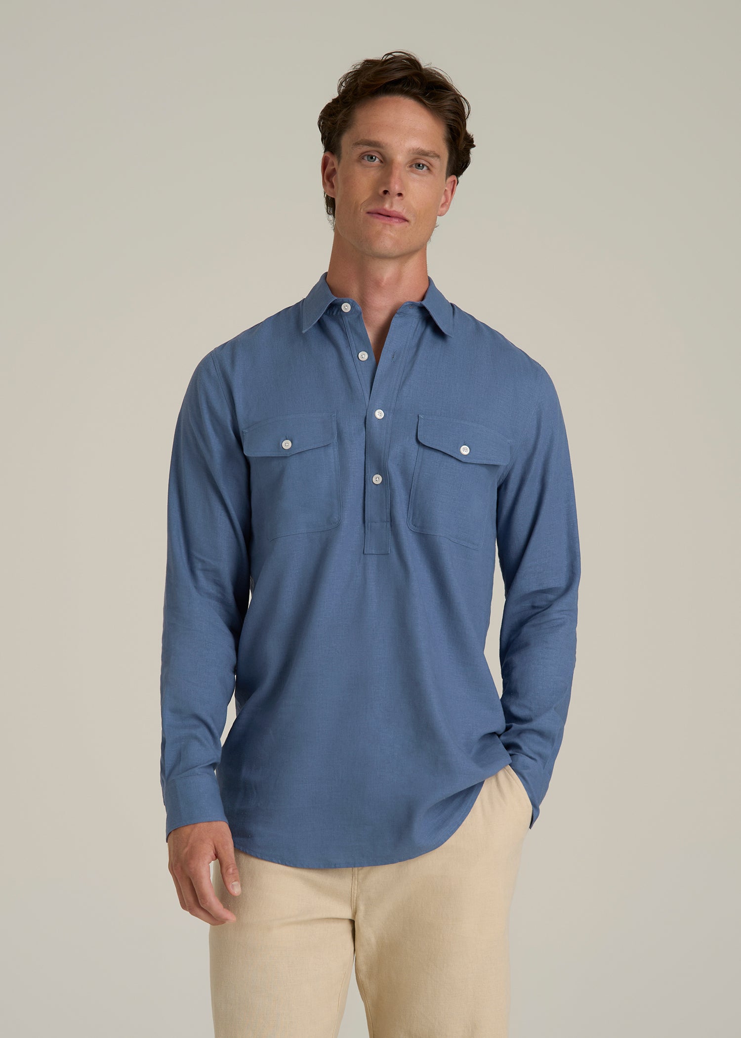 Linen Popover Shirt for Tall Men in Deep Cobalt