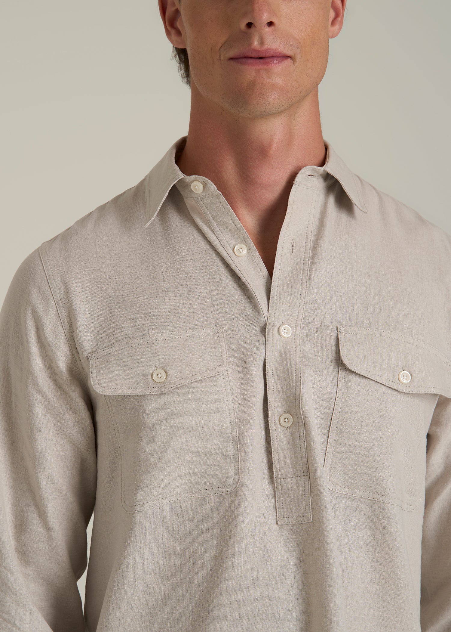 Linen Popover Shirt for Tall Men in Light Taupe