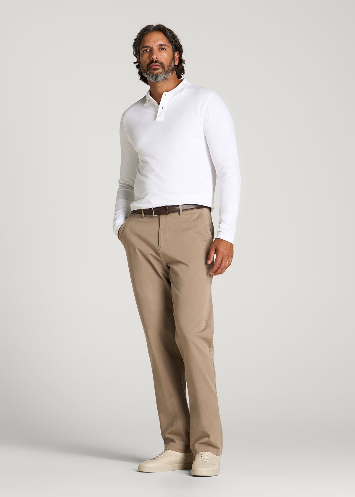 Long Sleeve Classic Polo for Tall Men in Bright White