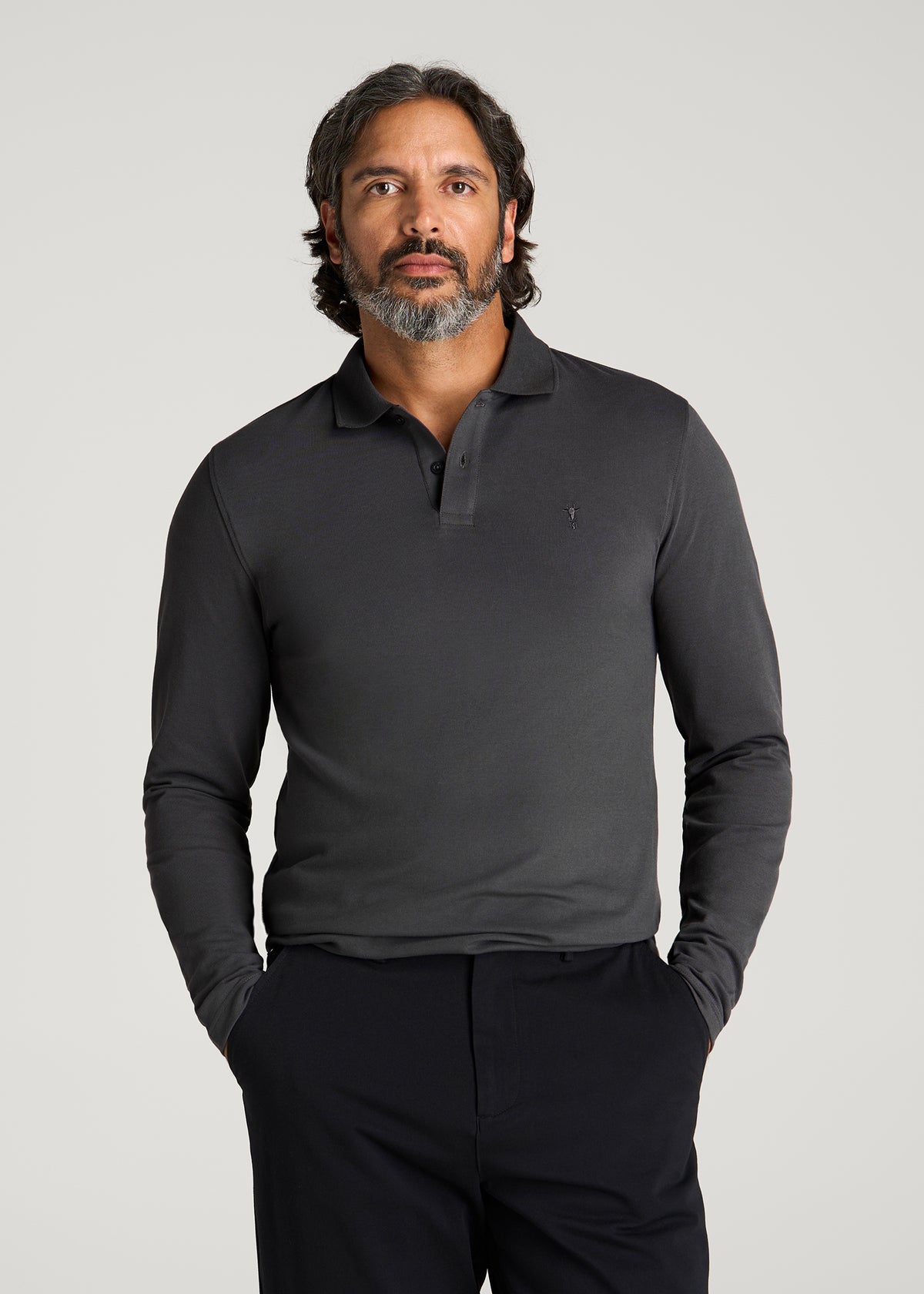 Long Sleeve Classic Polo for Tall Men in Iron Grey
