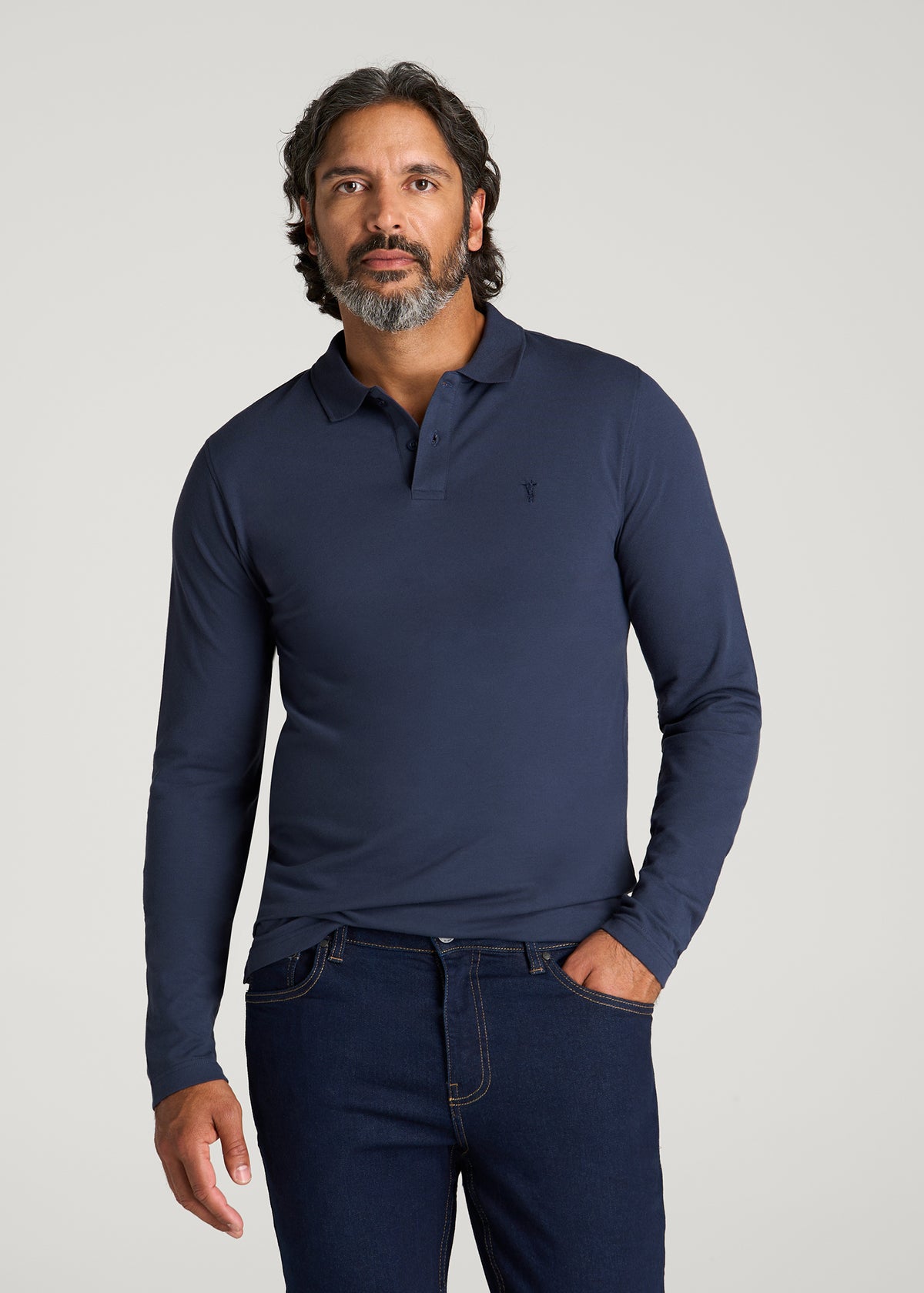 Long Sleeve Classic Polo for Tall Men in Marine Navy