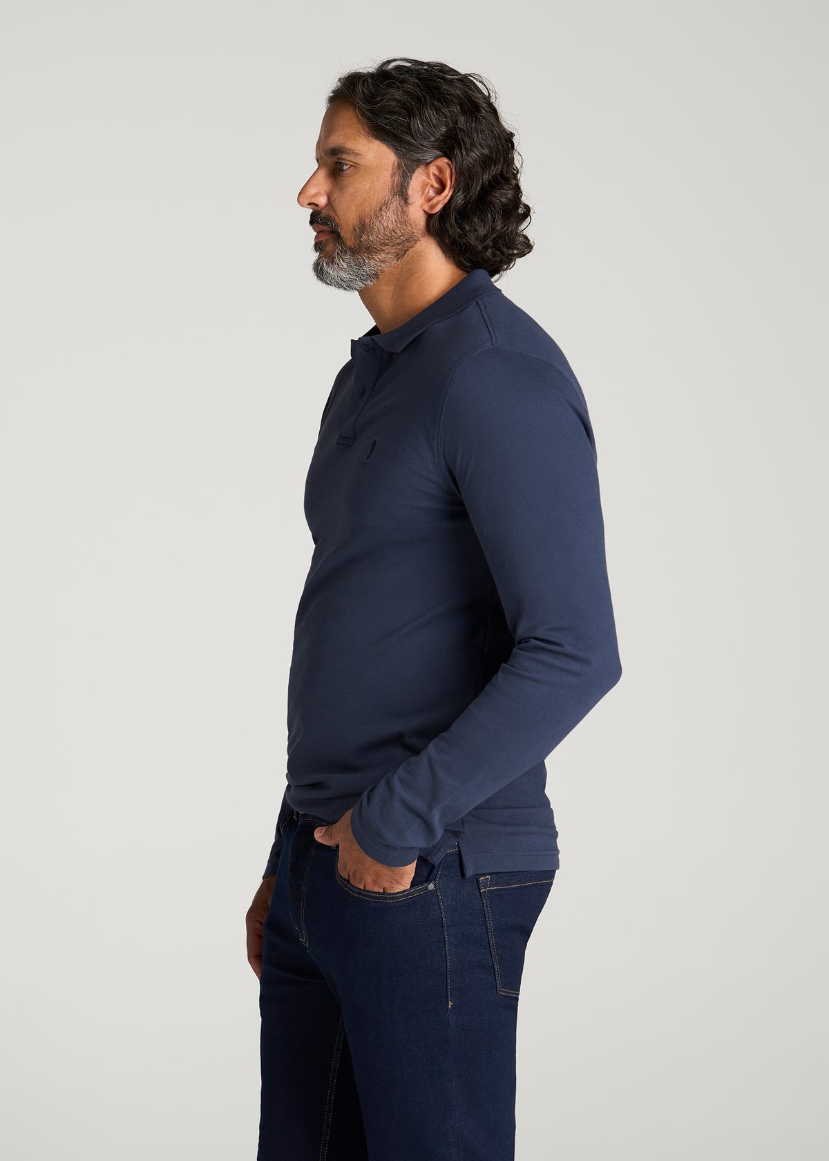 Long Sleeve Classic Polo for Tall Men in Marine Navy