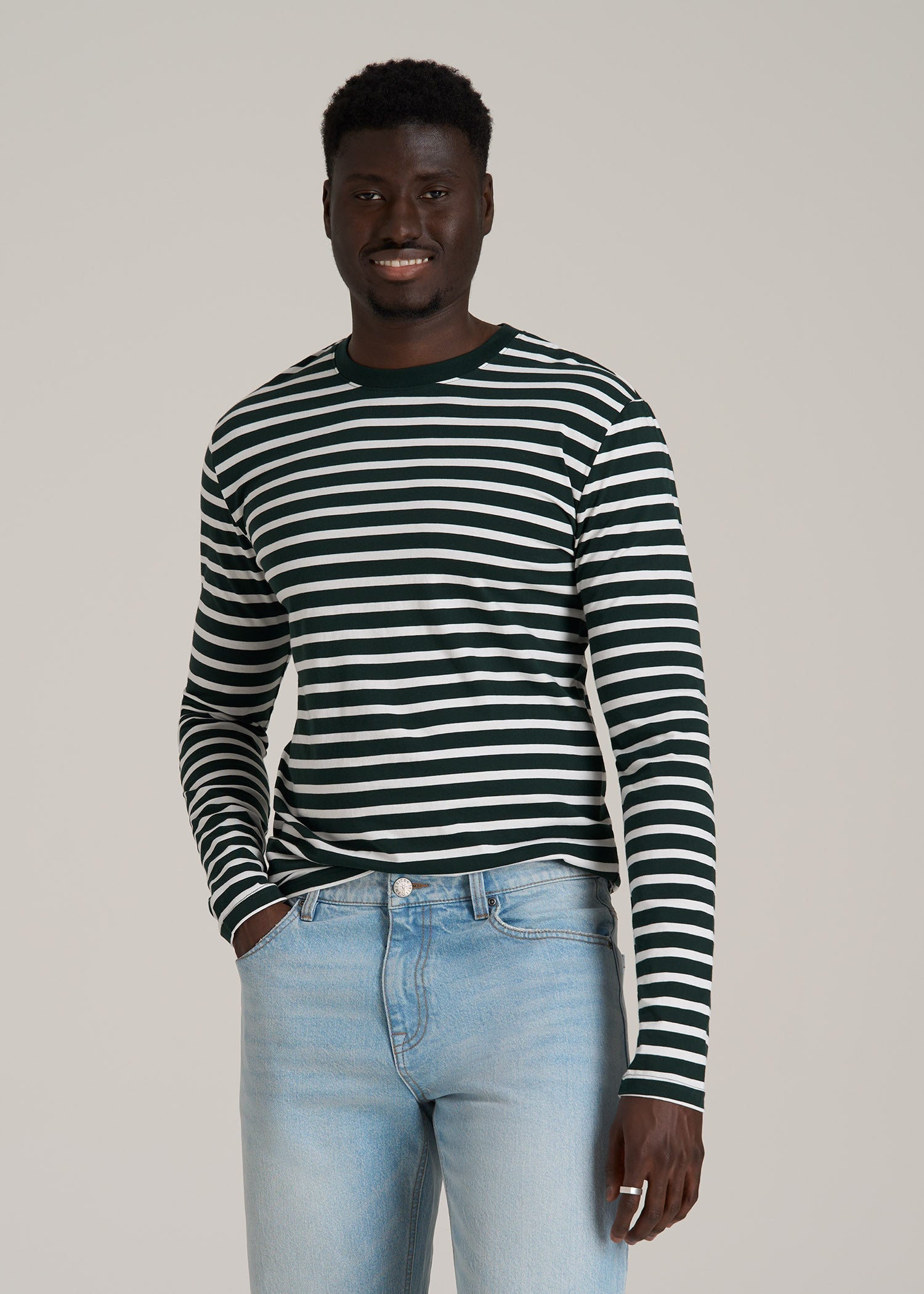 Long Sleeve Striped Tee for Tall Men in Emerald and White Stripe