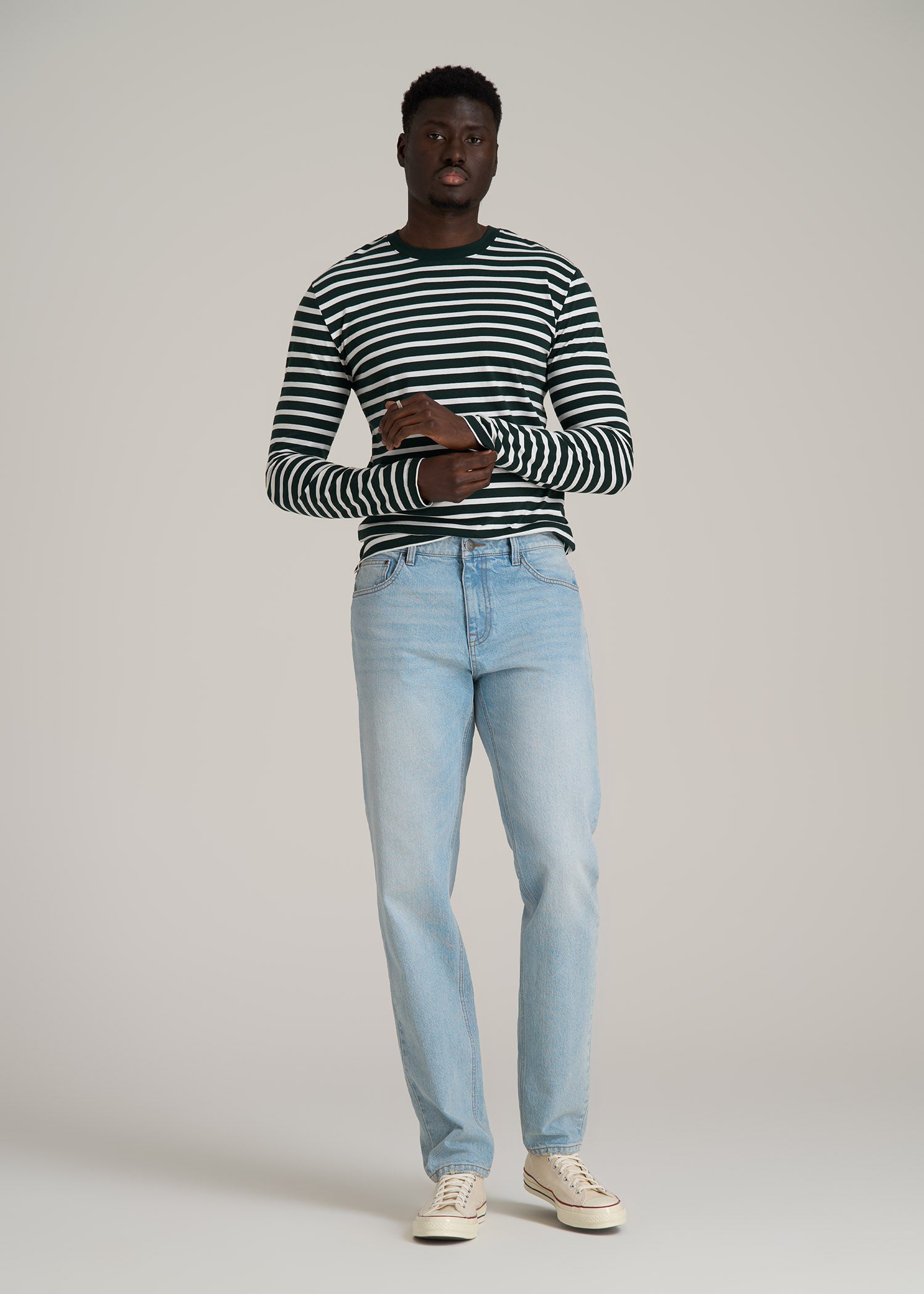 Long Sleeve Striped Tee for Tall Men in Emerald and White Stripe