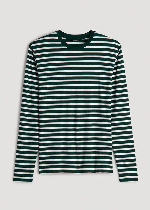 Long Sleeve Striped Tee for Tall Men in Emerald and White Stripe