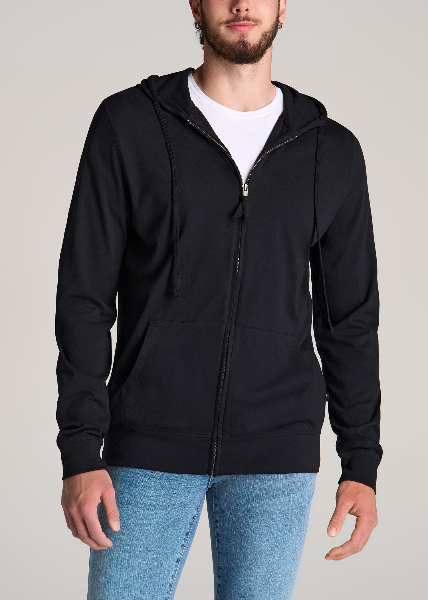 Long Sleeve Full Zip Jersey Hoodie for Tall Men in Black L / Extra Tall / Black