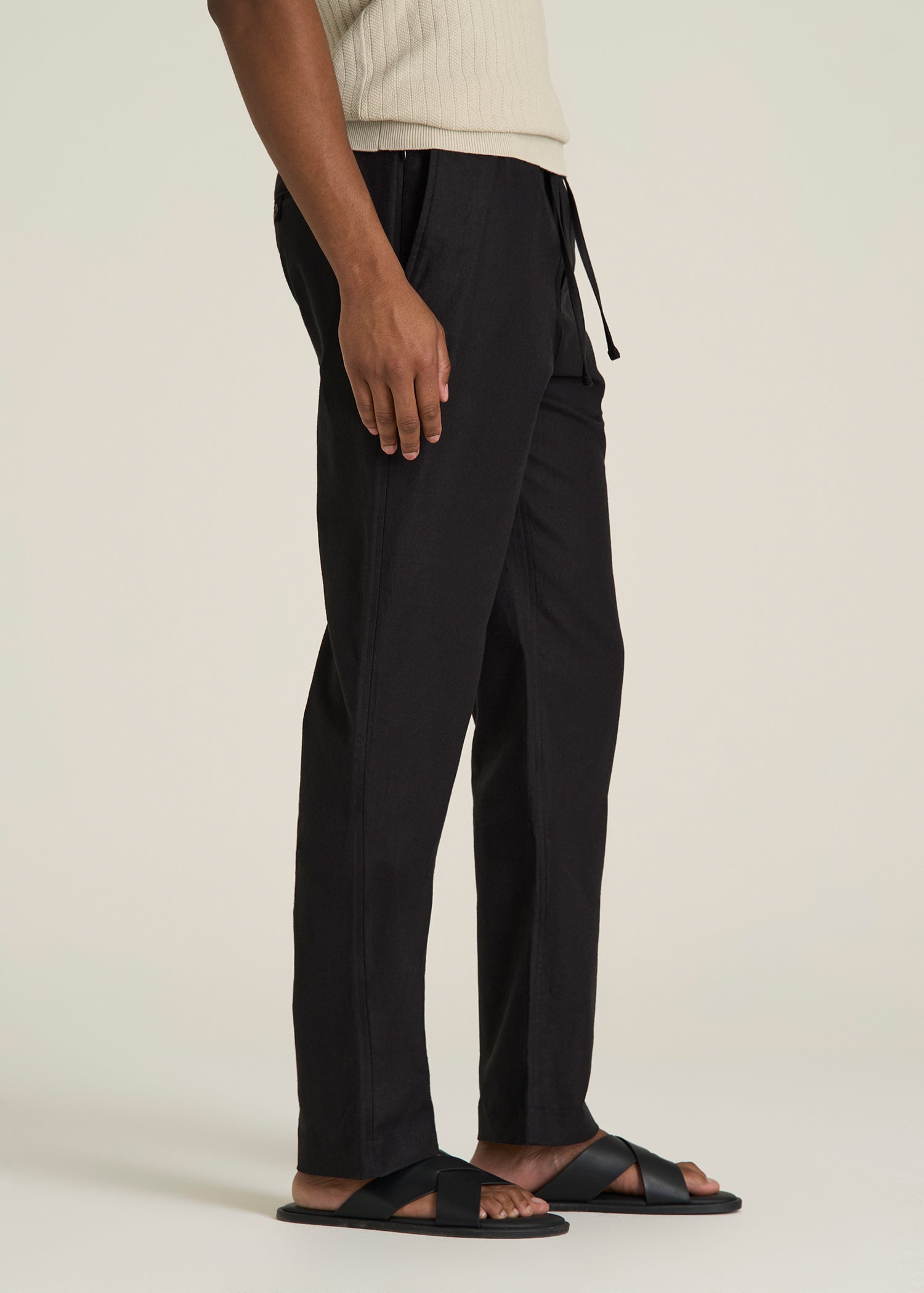 Stretch Cotton Linen Blend Pull-On Pants for Tall Men in Black