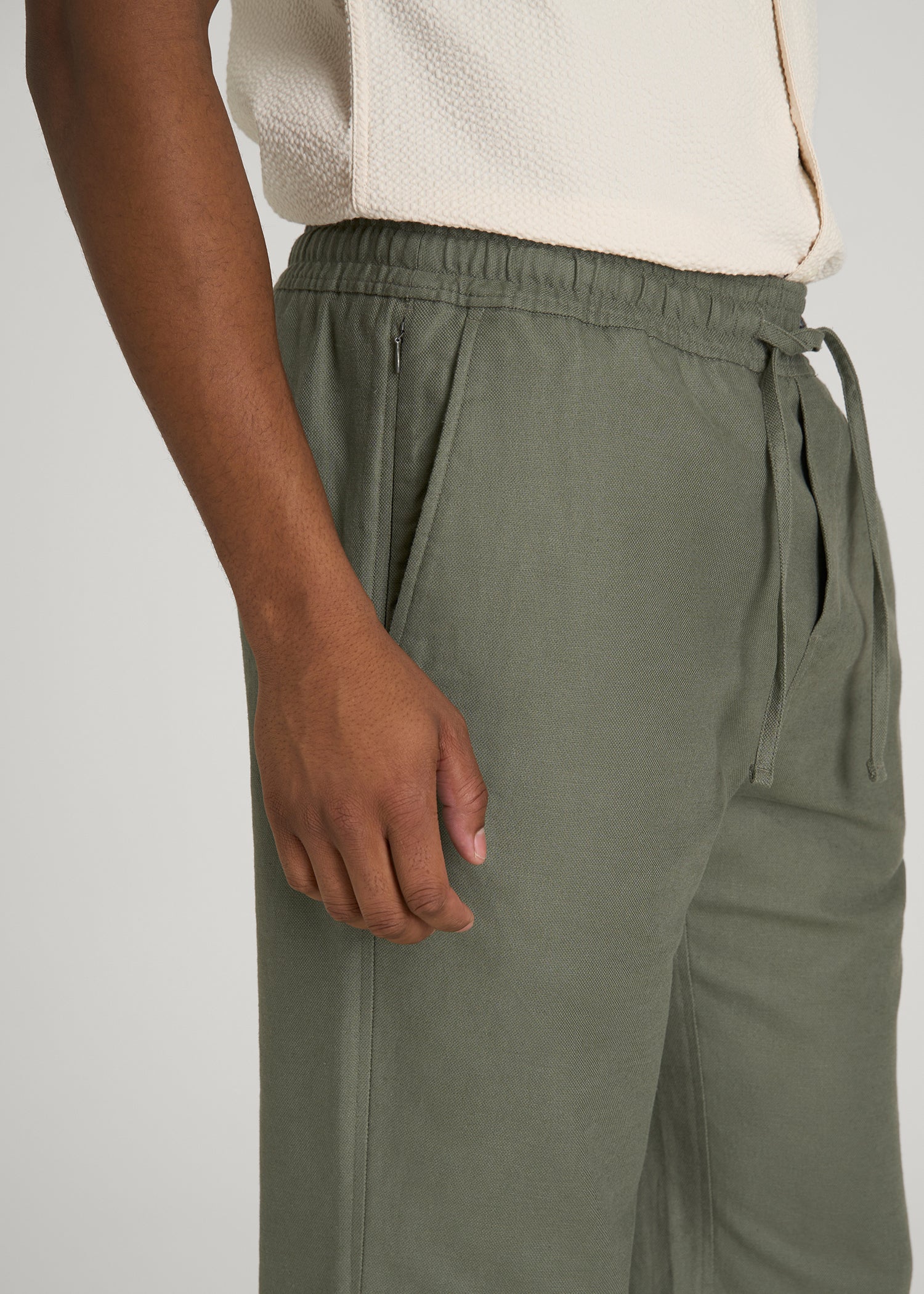 Stretch Cotton Linen Blend Pull-On Pants for Tall Men in Olive