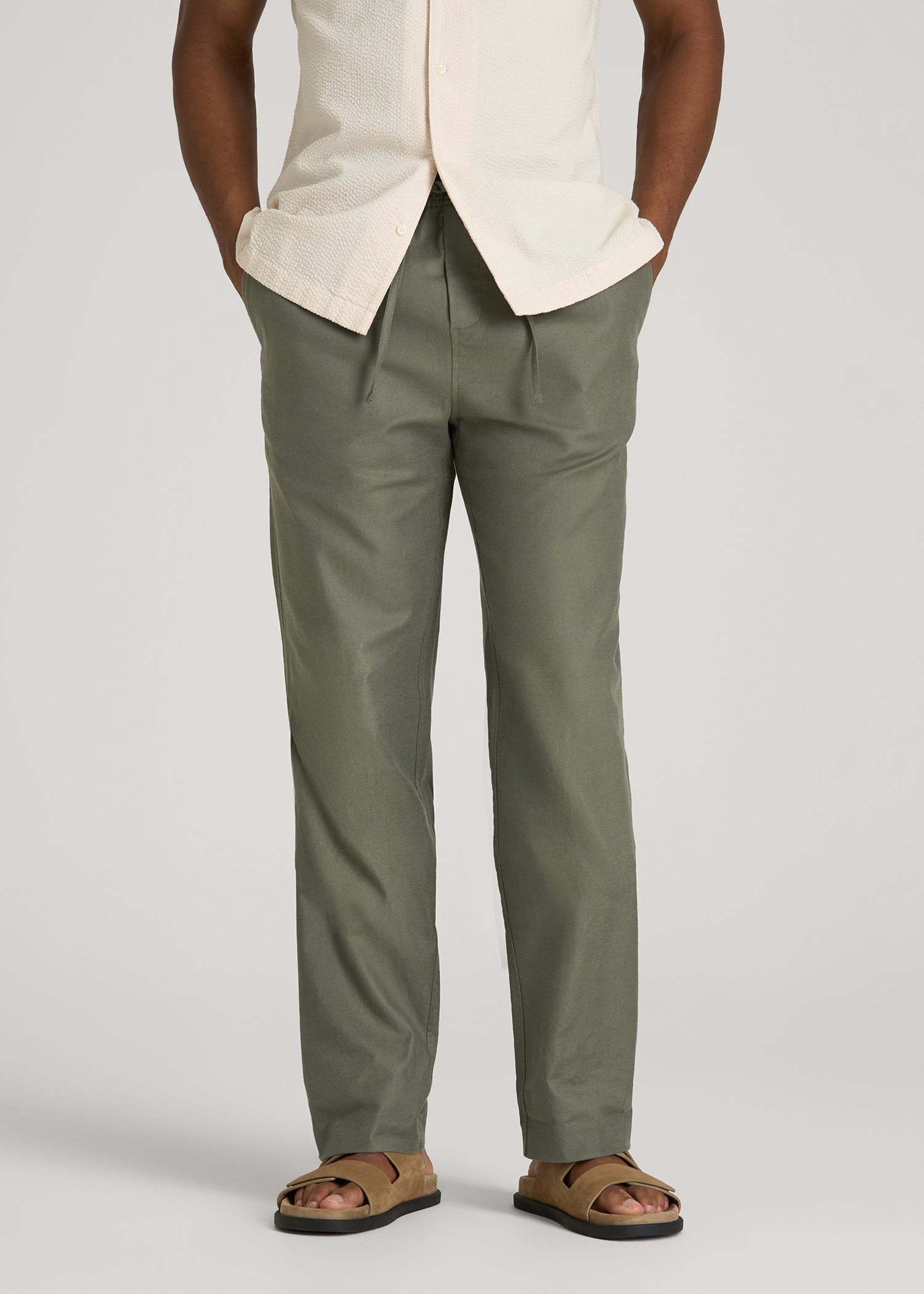 Stretch Cotton Linen Blend Pull-On Pants for Tall Men in Olive