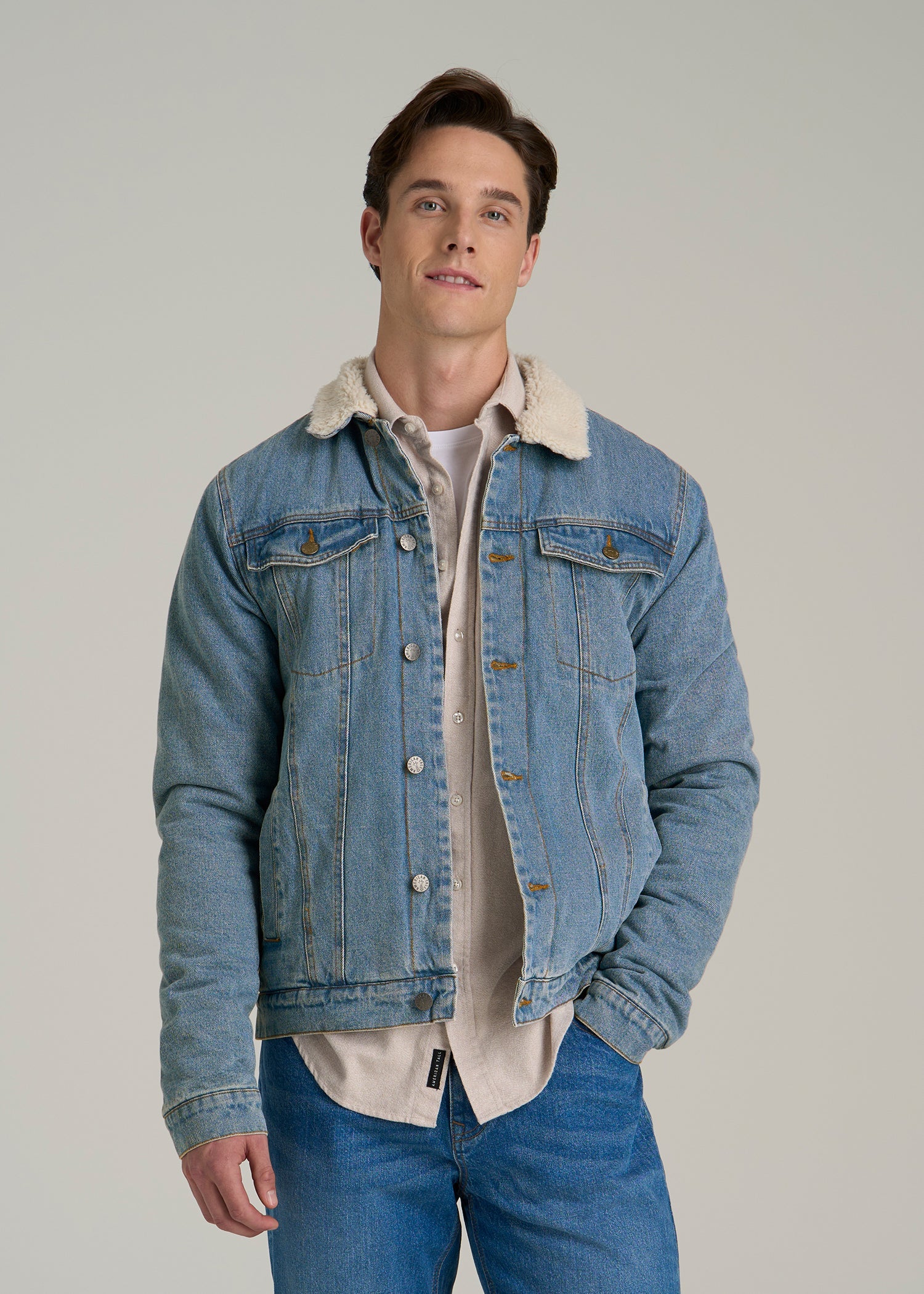Men Denim Jacket: Tall Stonewash Blue Denim Sherpa Jacket