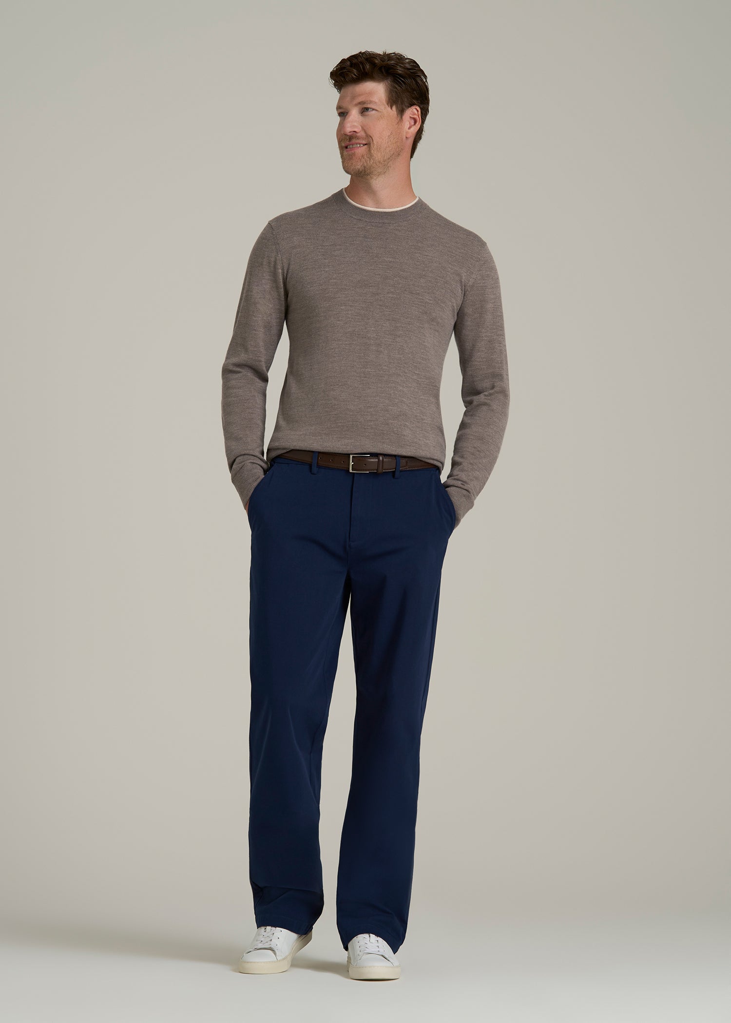 Merino Wool Crewneck Tip Sweater for Tall Men in Pinecone