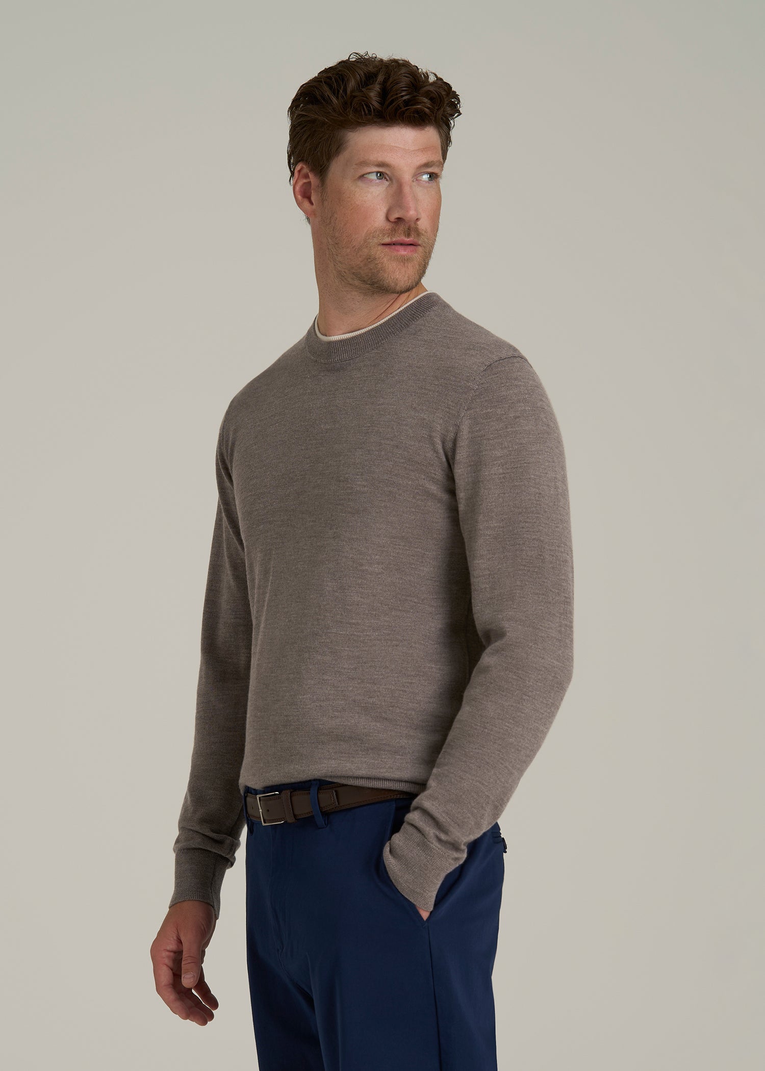 Merino Wool Crewneck Tip Sweater for Tall Men in Pinecone