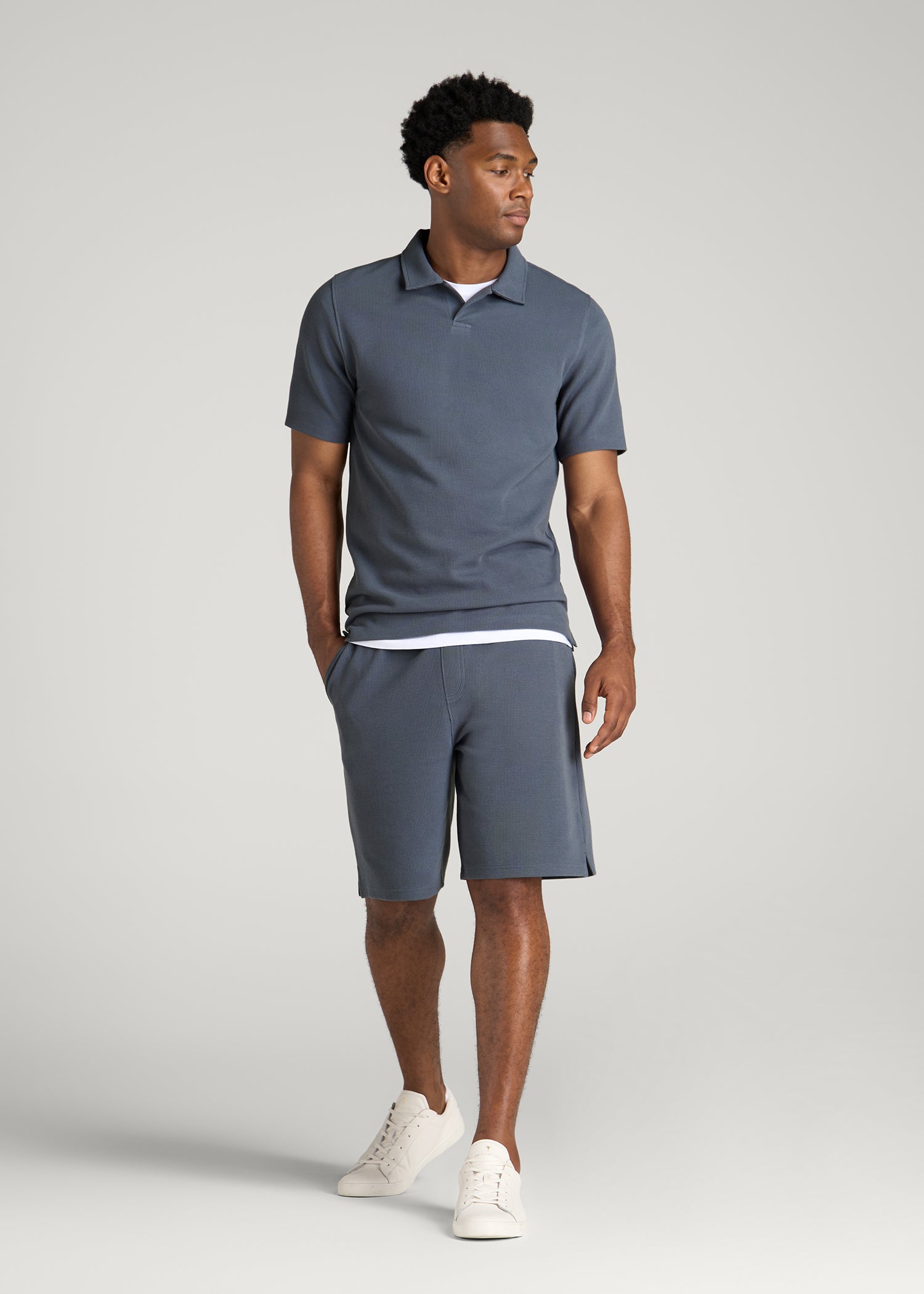 Micro Waffle Polo for Tall Men in Grey Blue