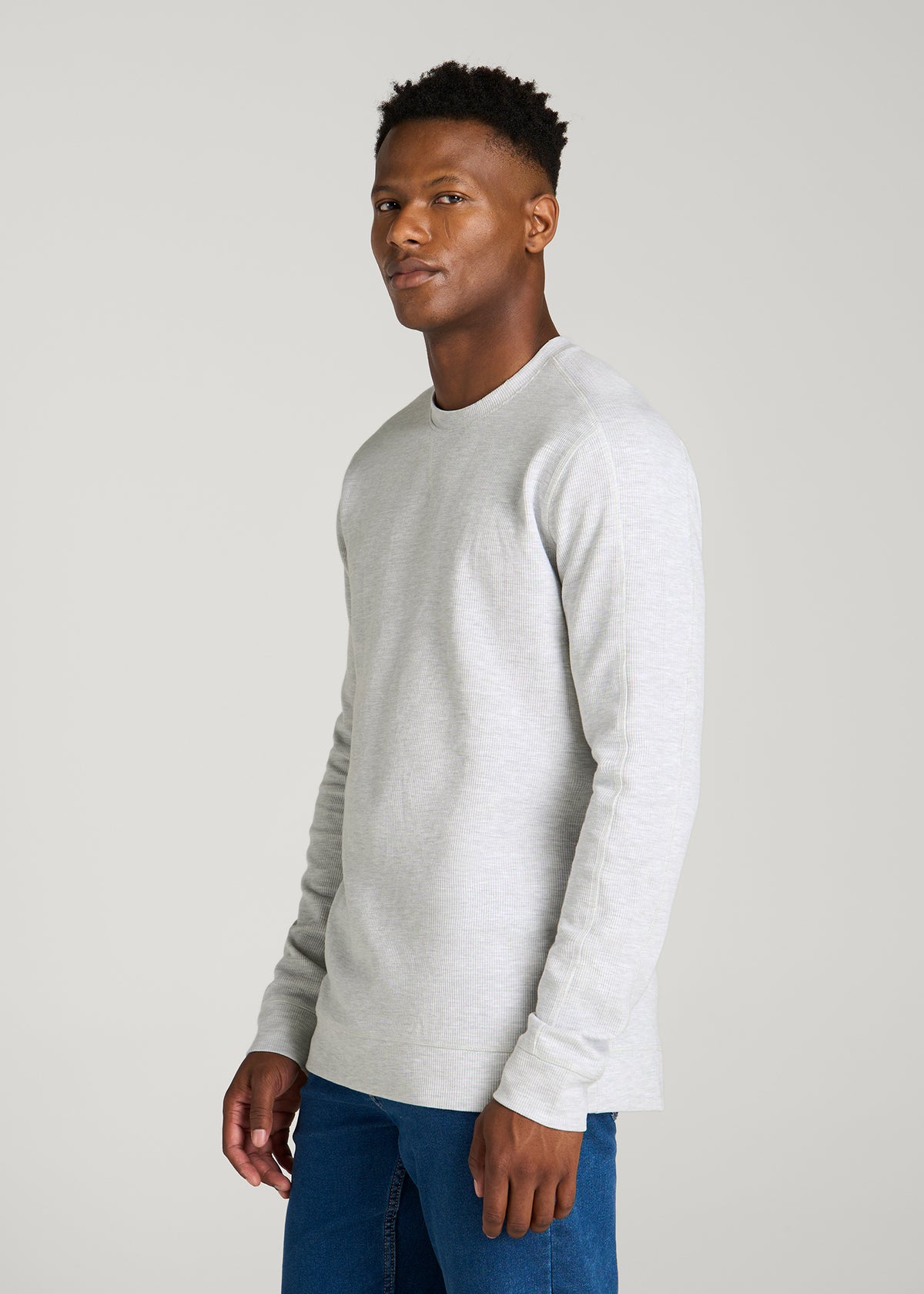 Micro-Waffle Crewneck for Tall Men in Light Heather Grey