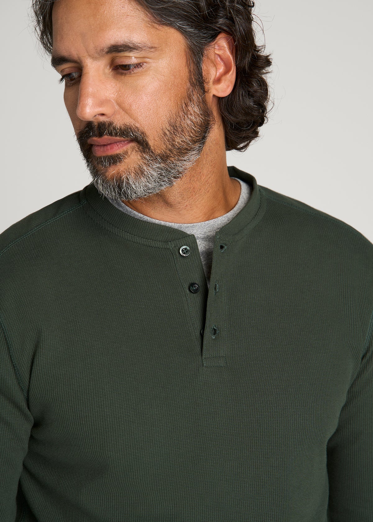 Micro-Waffle Henley for Tall Men in Boreal Forest