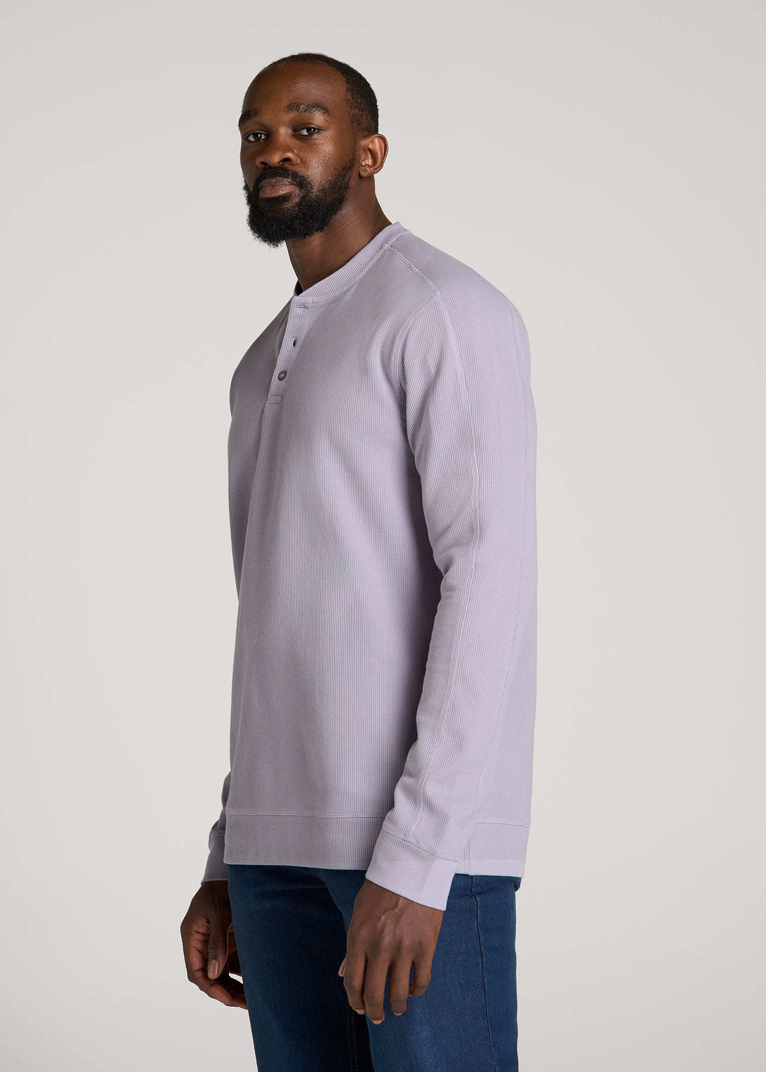 Micro-Waffle Henley for Tall Men in Dusty Lilac