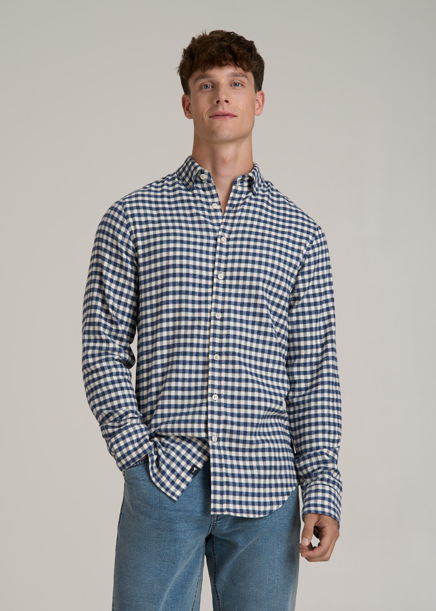 Midweight Brushed Flannel Button Shirt for Tall Men in Blue and Ecru Gingham
