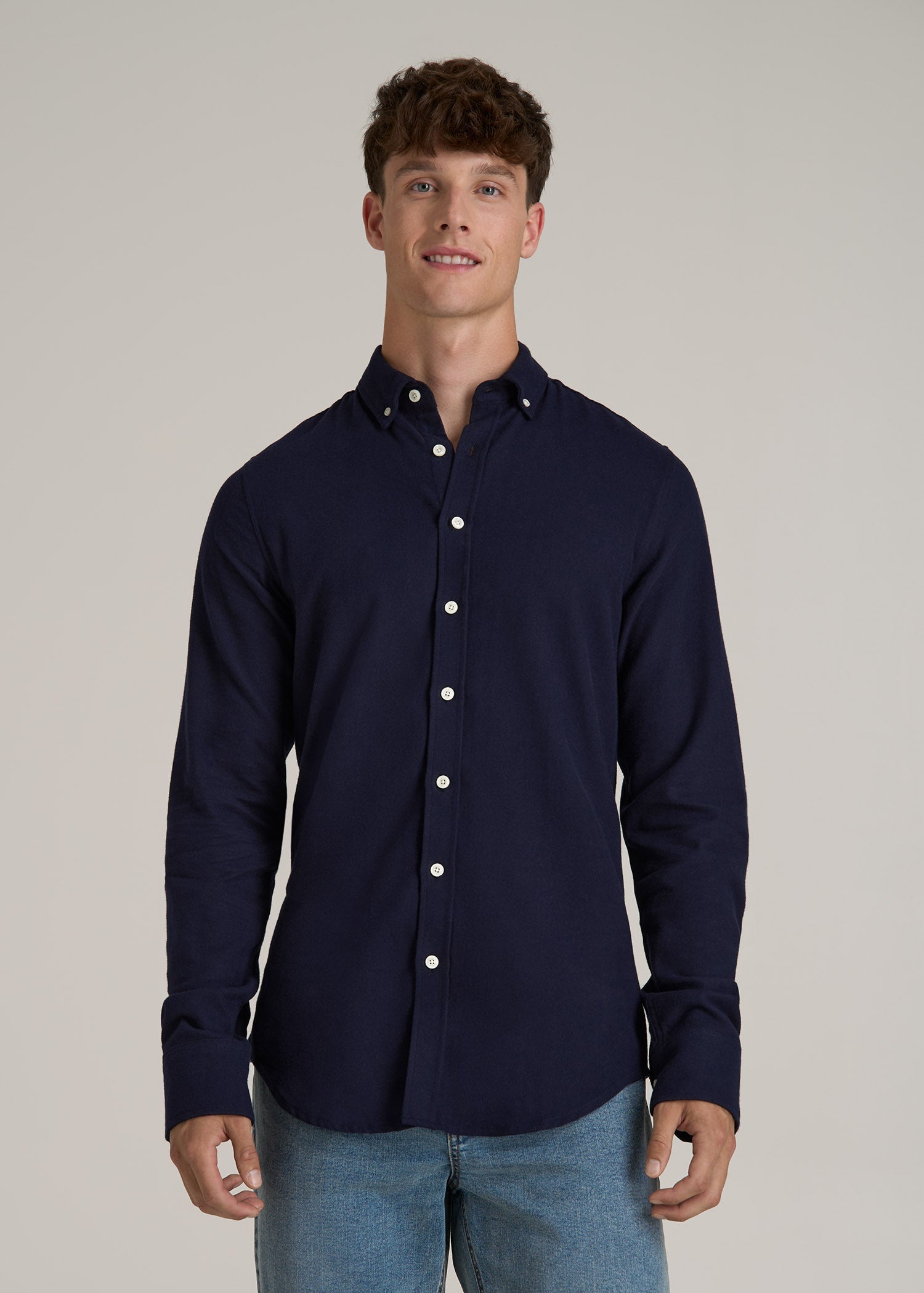 Midweight Brushed Flannel Button Shirt for Tall Men in Evening Blue