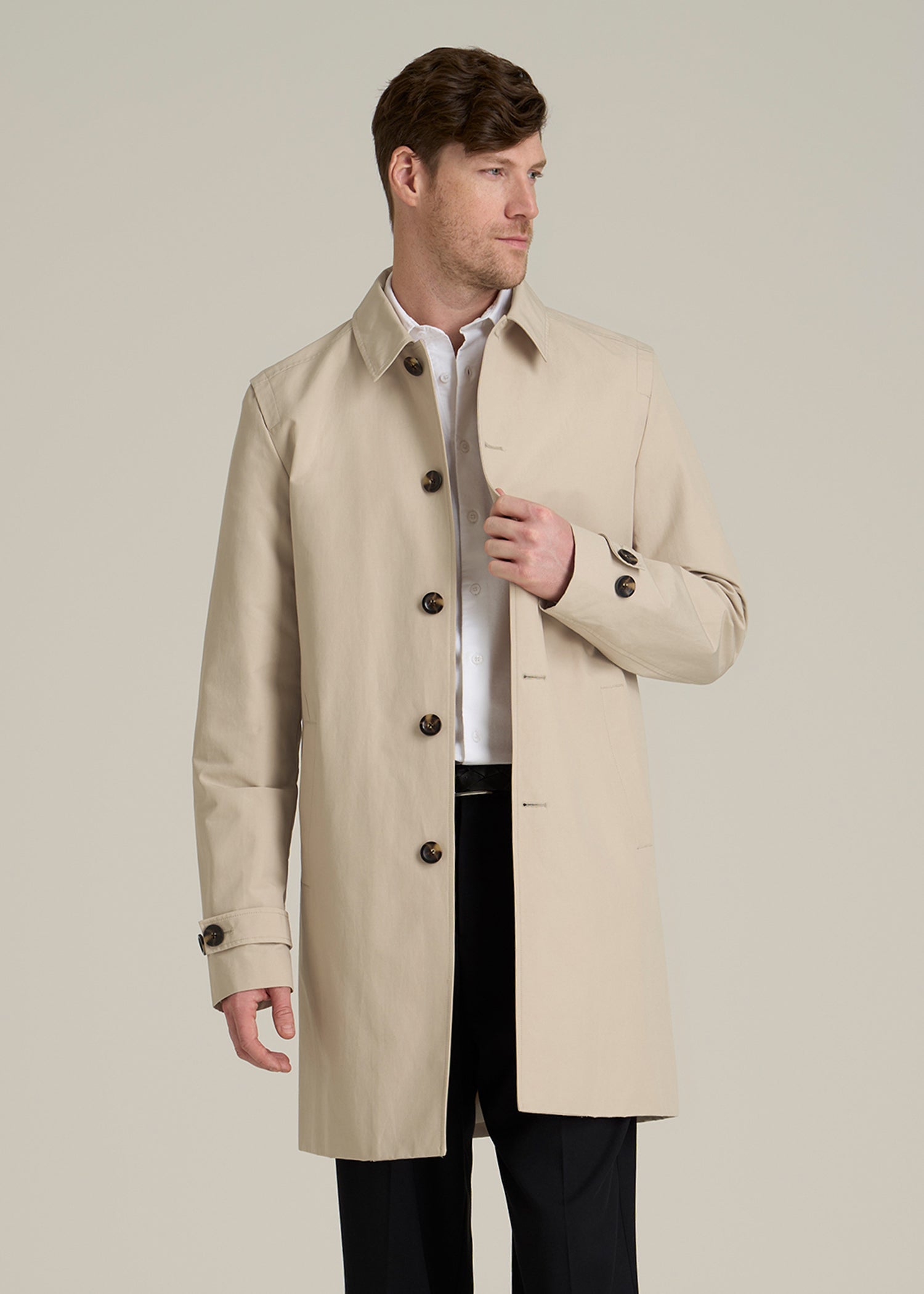 Minimalist Trench Coat for Tall Men in Light Khaki