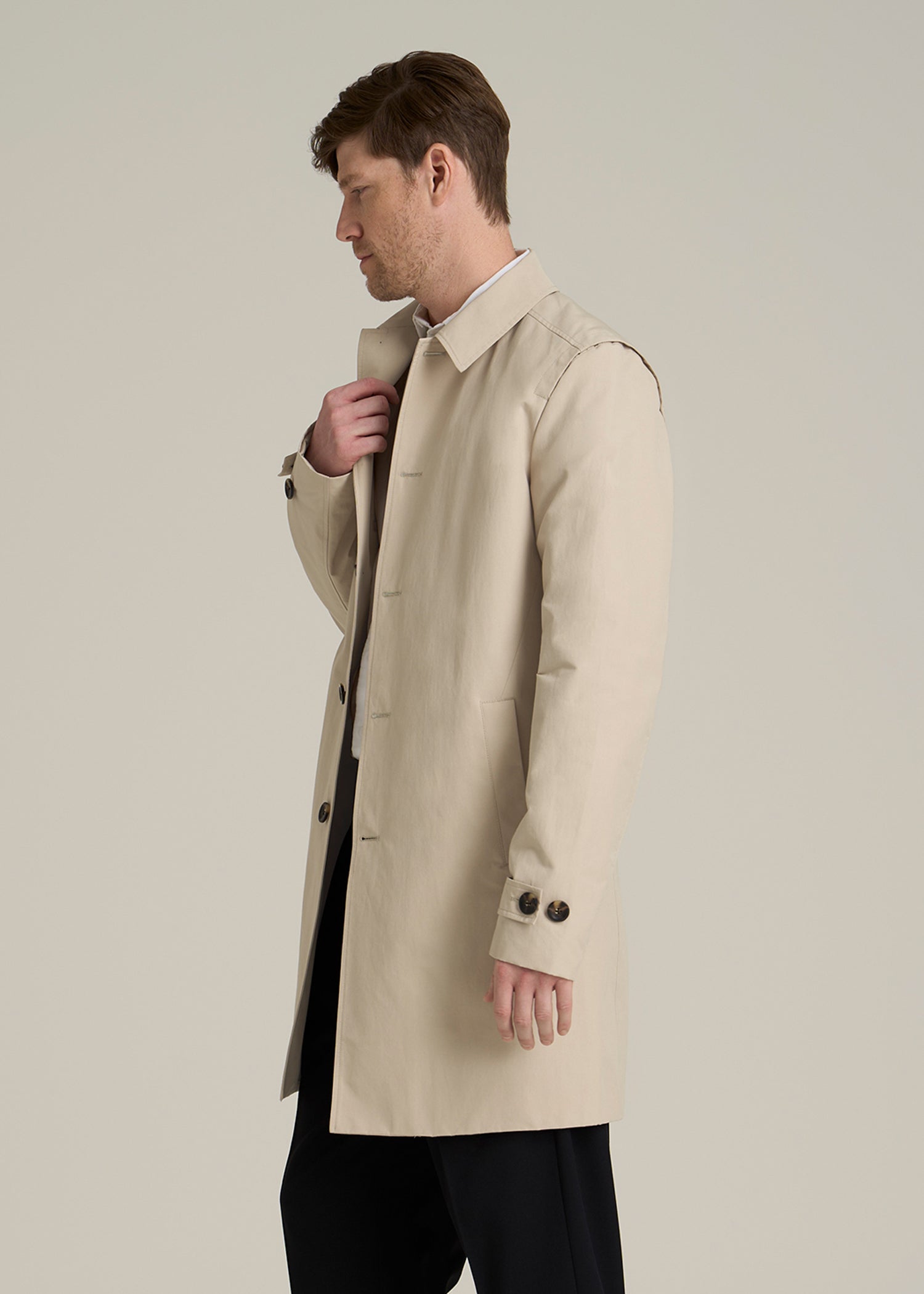 Minimalist Trench Coat for Tall Men in Light Khaki