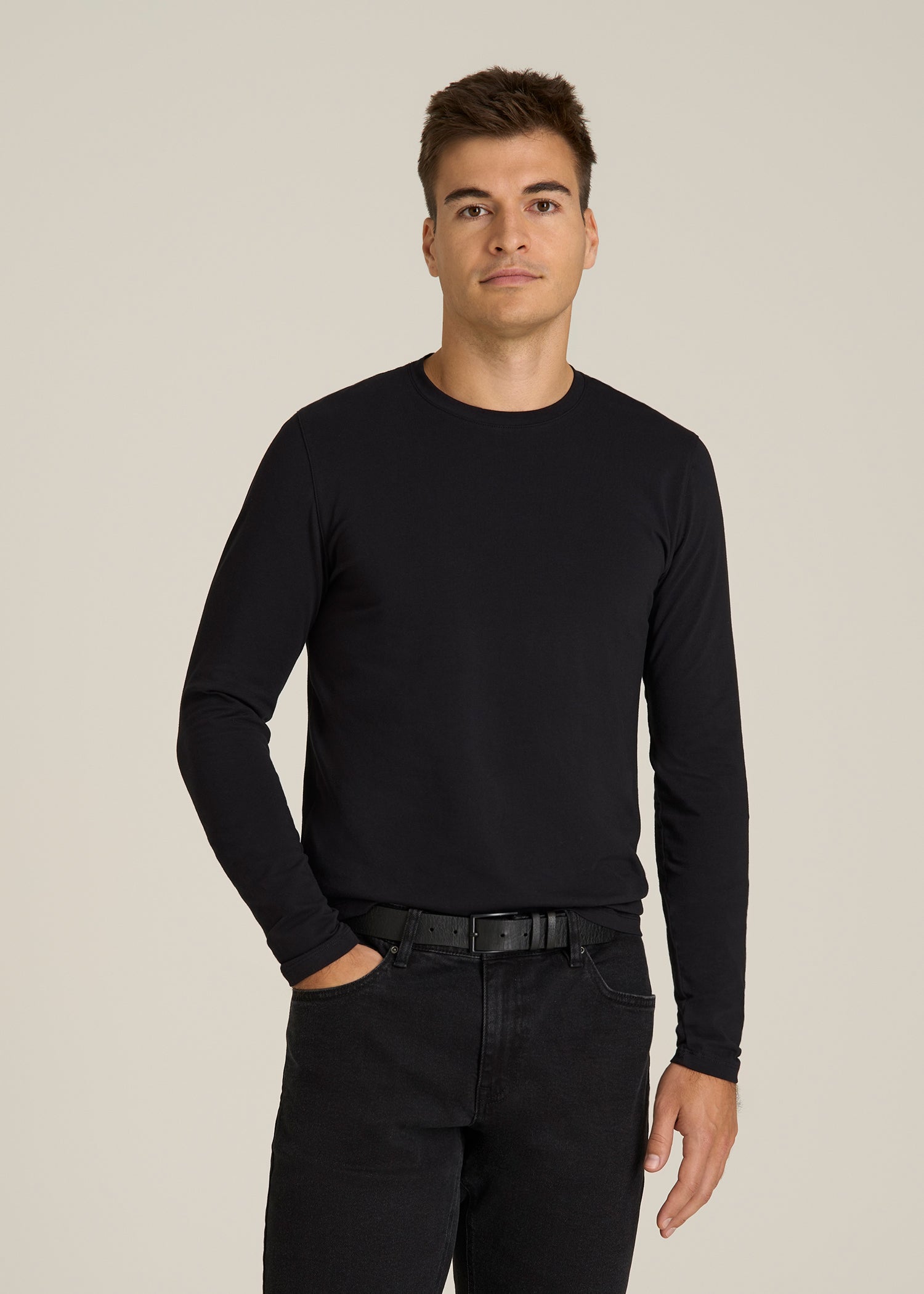 The Essential Modern Fit Crewneck Long Sleeve Tee for Tall Men in Black