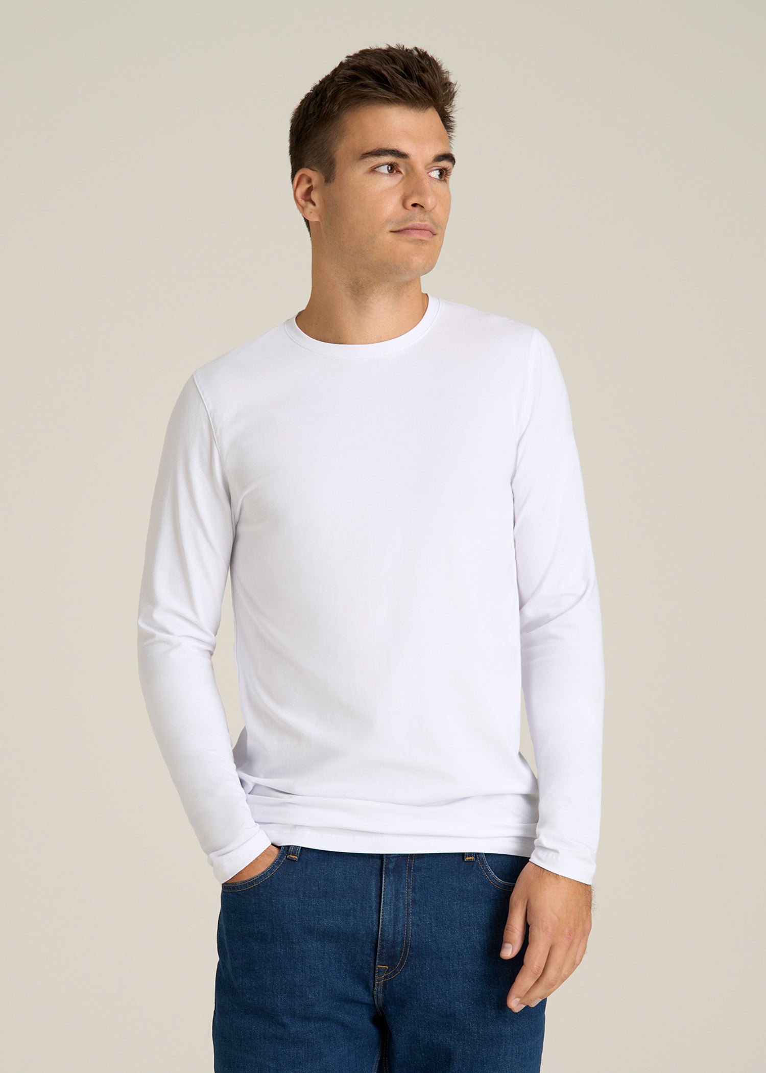 The Essential Modern Fit Crewneck Long Sleeve Tee for Tall Men in White