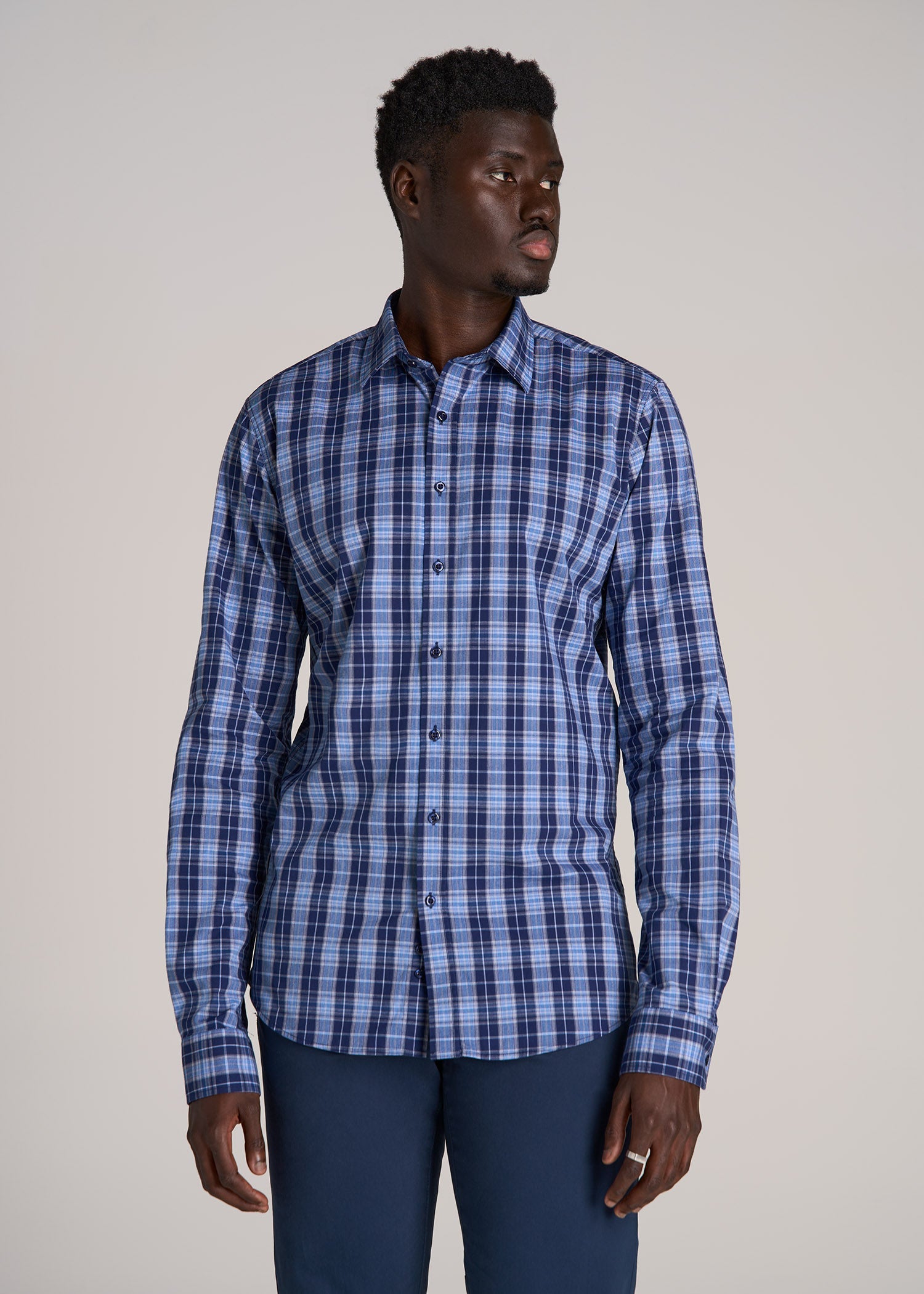 Oskar Easy care Dress Shirts in Navy Blue Plaid