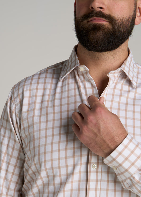 Oskar Button-Up Dress Shirt for Tall Men in Beige Grid