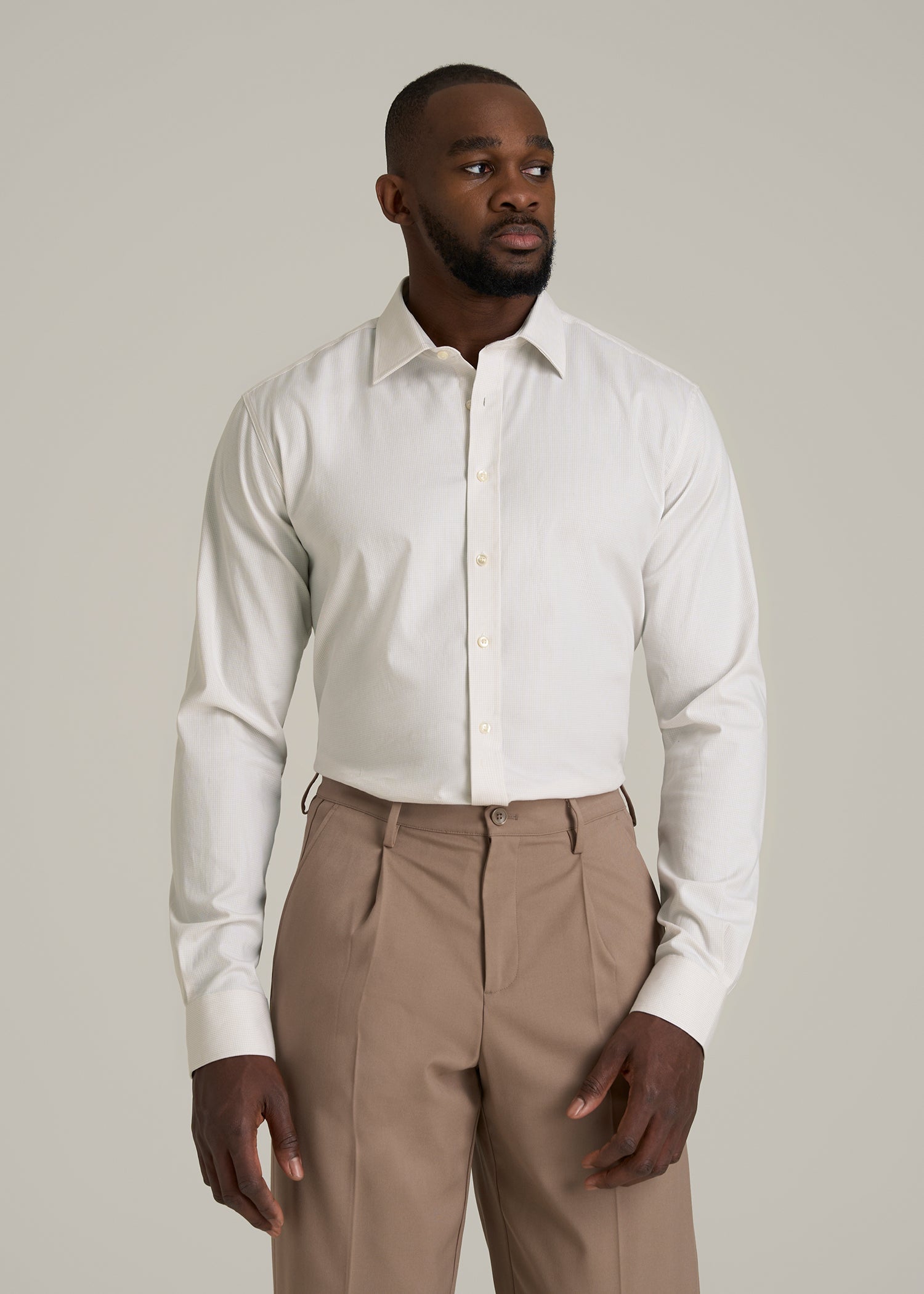 Oskar Button-Up Dress Shirt for Tall Men in Beige Mini Gingham