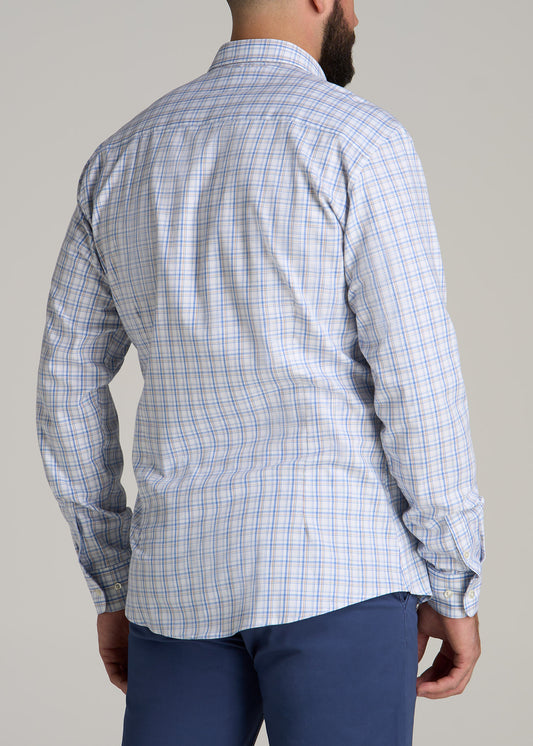 Oskar Button-Up Dress Shirt for Tall Men in Soft Blue and Beige Plaid