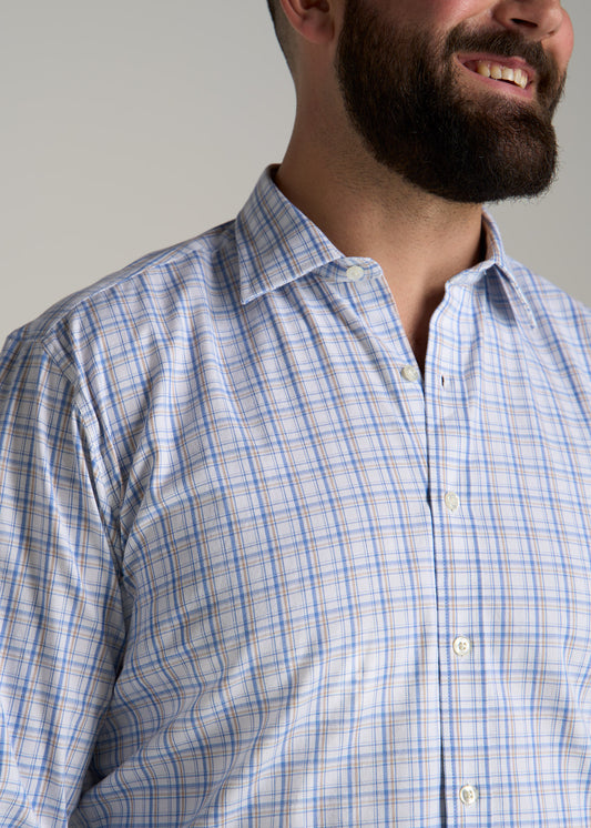 Oskar Button-Up Dress Shirt for Tall Men in Soft Blue and Beige Plaid
