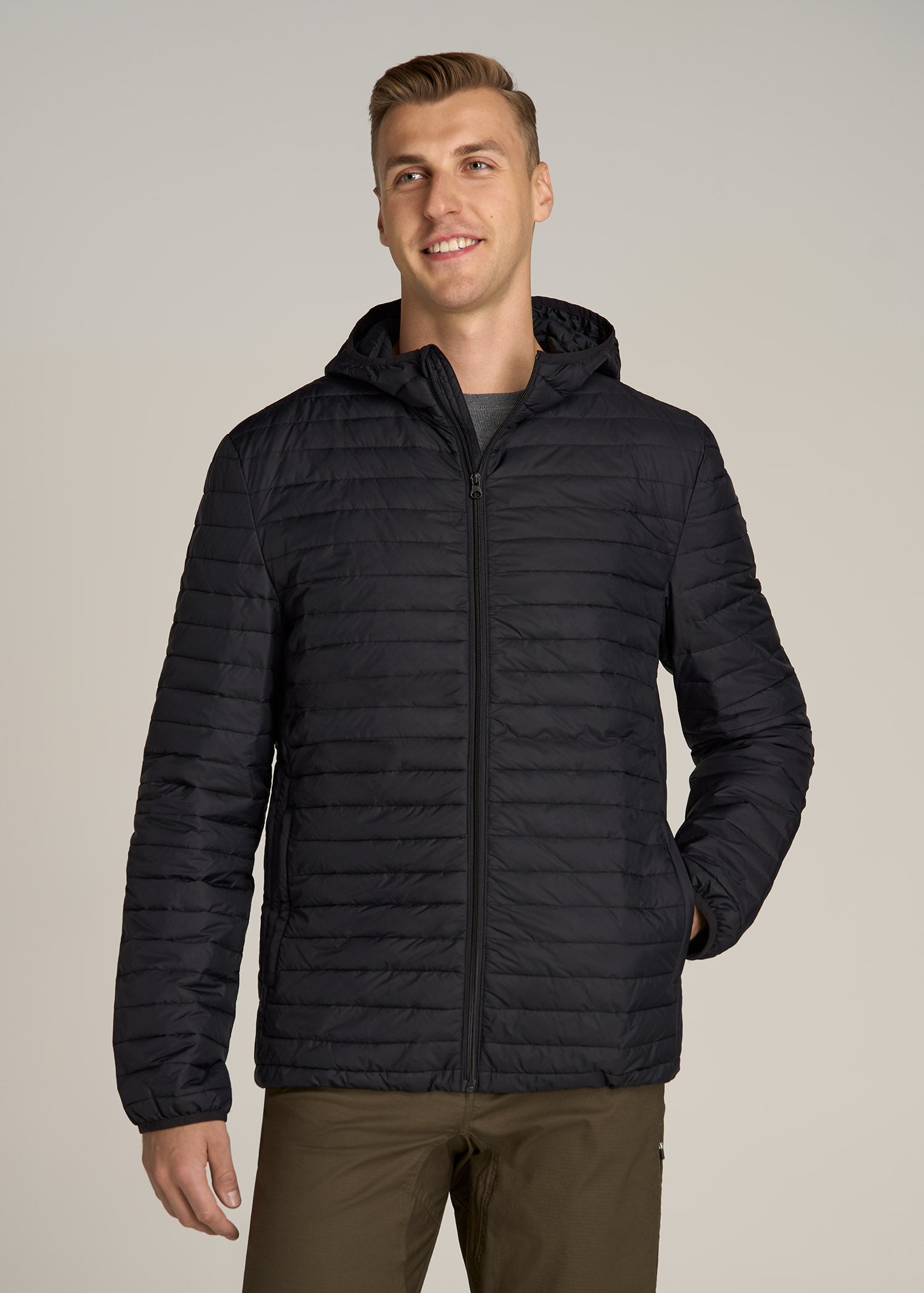 Packable Puffer Jacket for Tall Men in Black