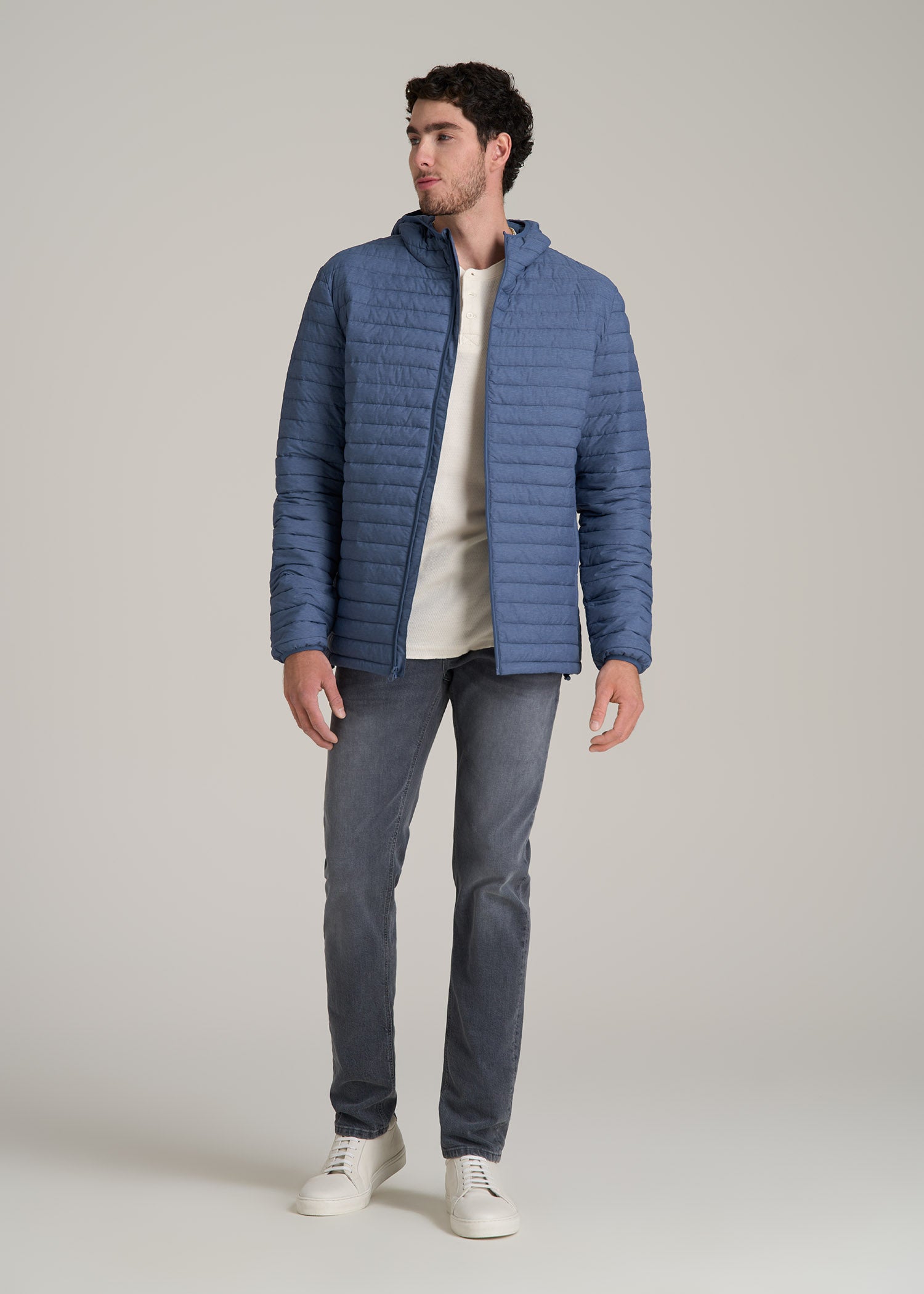 Packable Puffer Jacket for Tall Men in Steel Blue