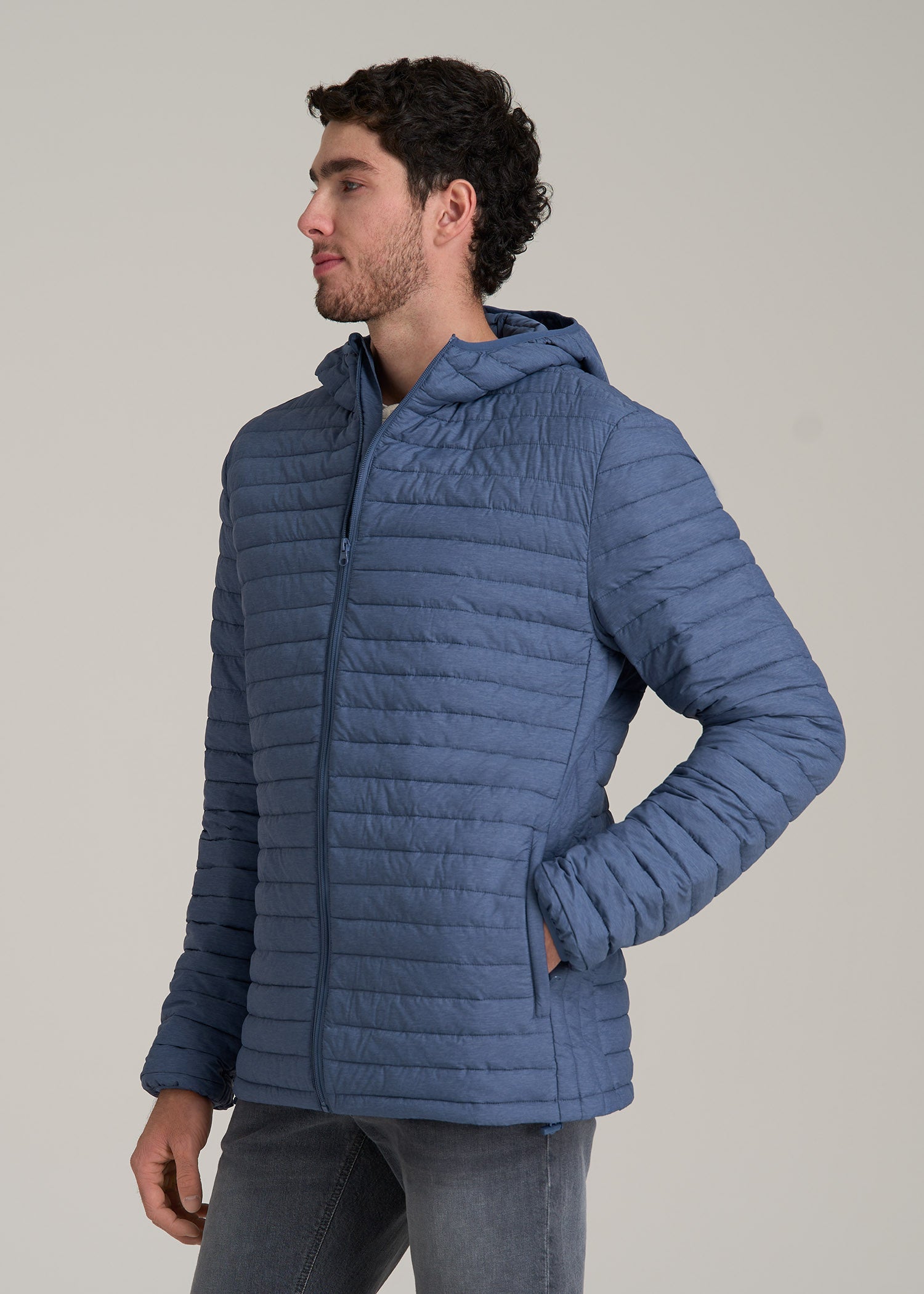 Packable Puffer Jacket for Tall Men in Steel Blue