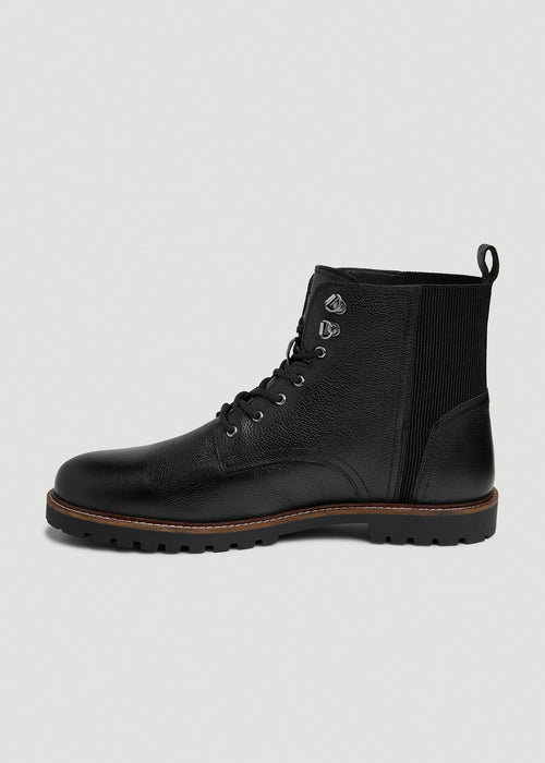 Pebbled Leather Lace-Up Boots for Tall Men in Black