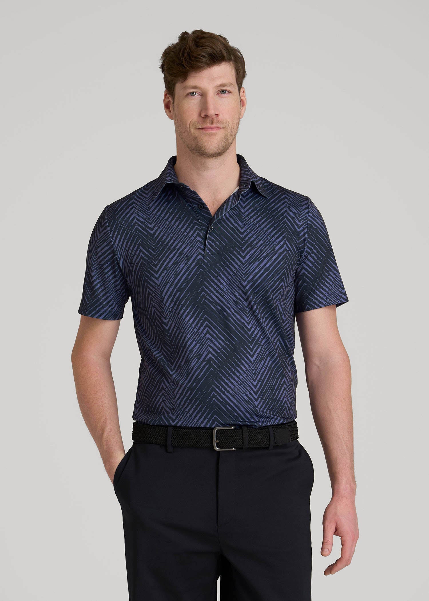 Golf Performance Polo Shirt for Tall Men in Future Dusk Chevron
