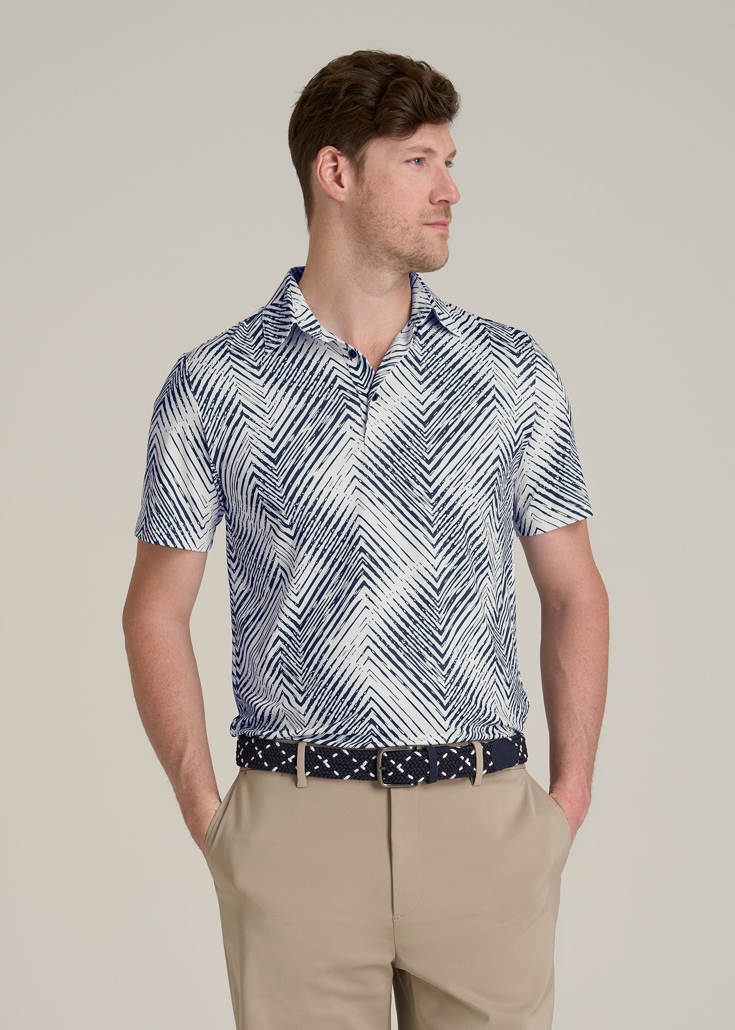 Golf Performance Polo Shirt for Tall Men in Navy Chevron