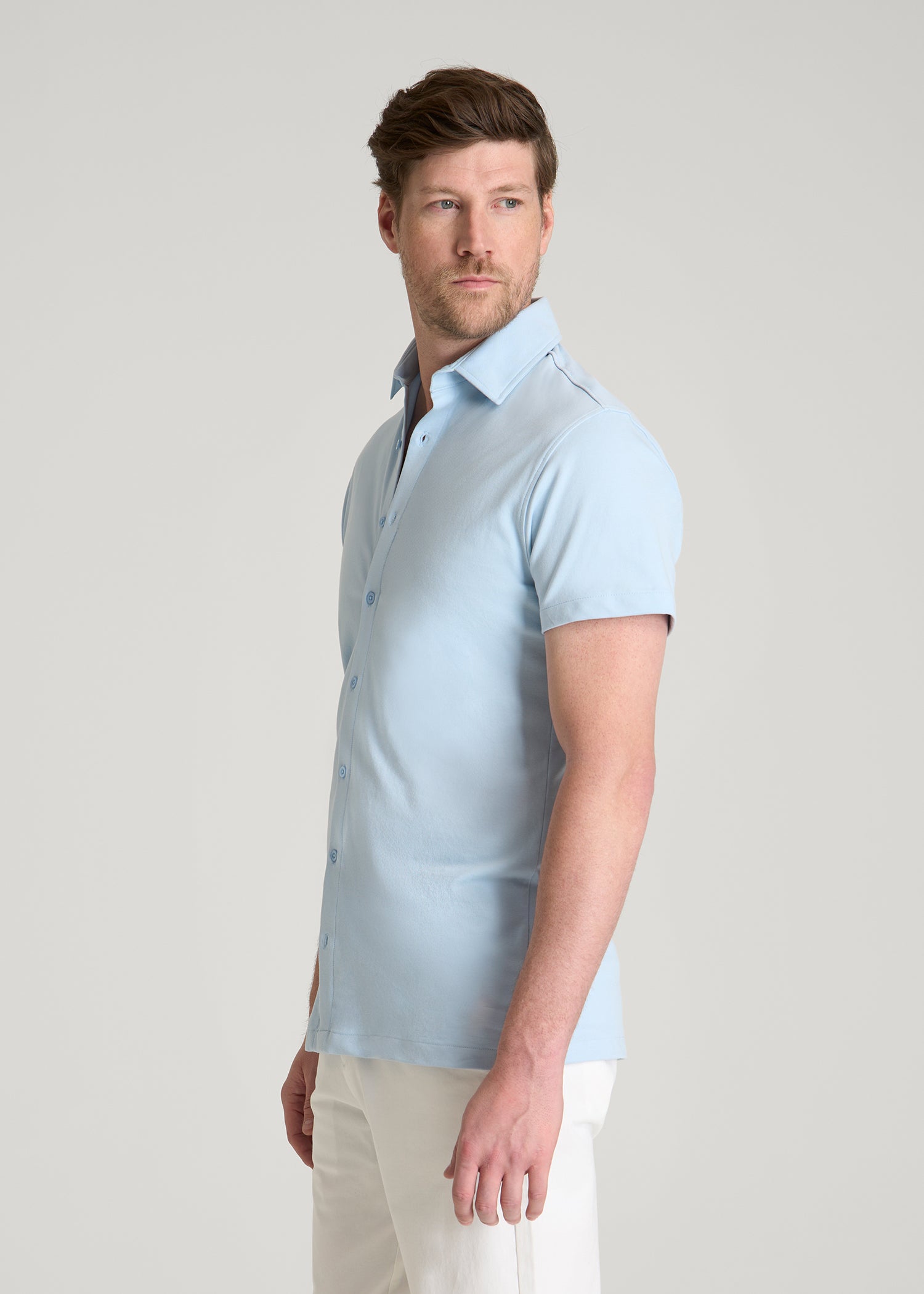 Pique Knit Stretch Short Sleeve Shirt for Tall Men in Ice Blue