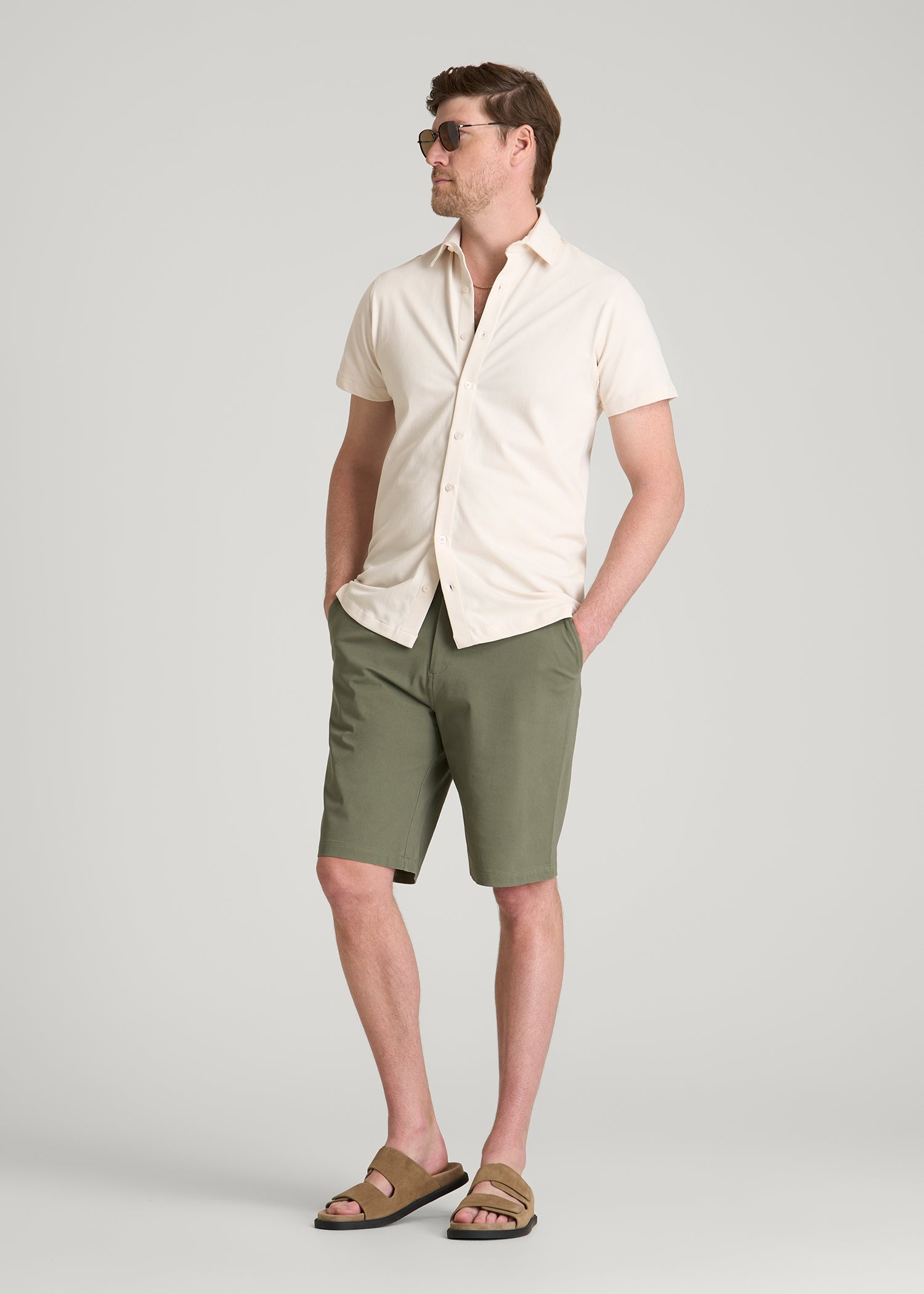Pique Knit Stretch Short Sleeve Shirt for Tall Men in White Sand